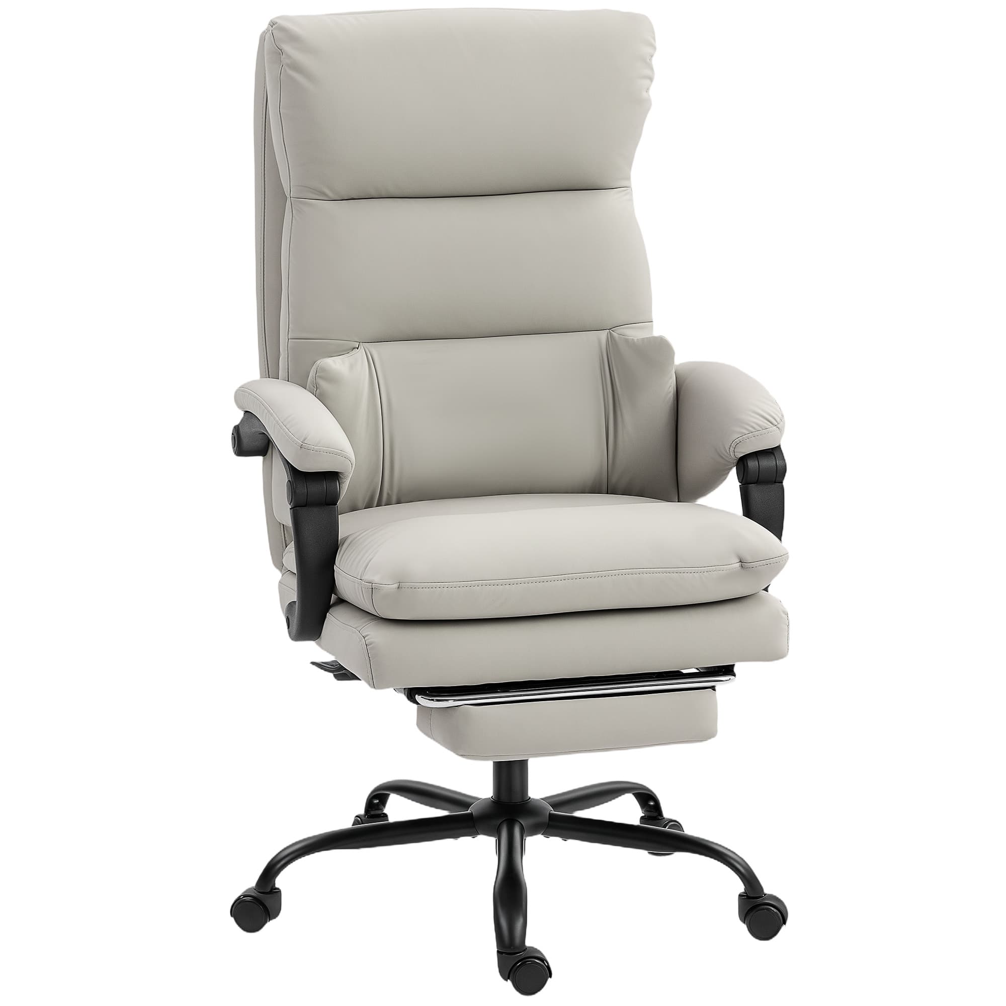 HOMCOM Chaise de bureau Fauteuil de bureau réglable en hauteur avec soutien lombaire, accoudoirs, repose-pieds, en similicuir, Gris clair