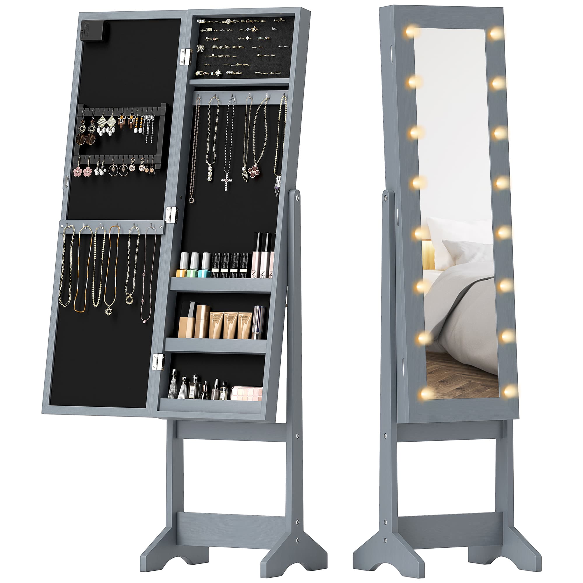 HOMCOM Miroir Coffre à Bijoux avec LED Armoire à Bijoux Armoire à Bijoux sur Pied Miroir Intégral Angle Réglable Gris