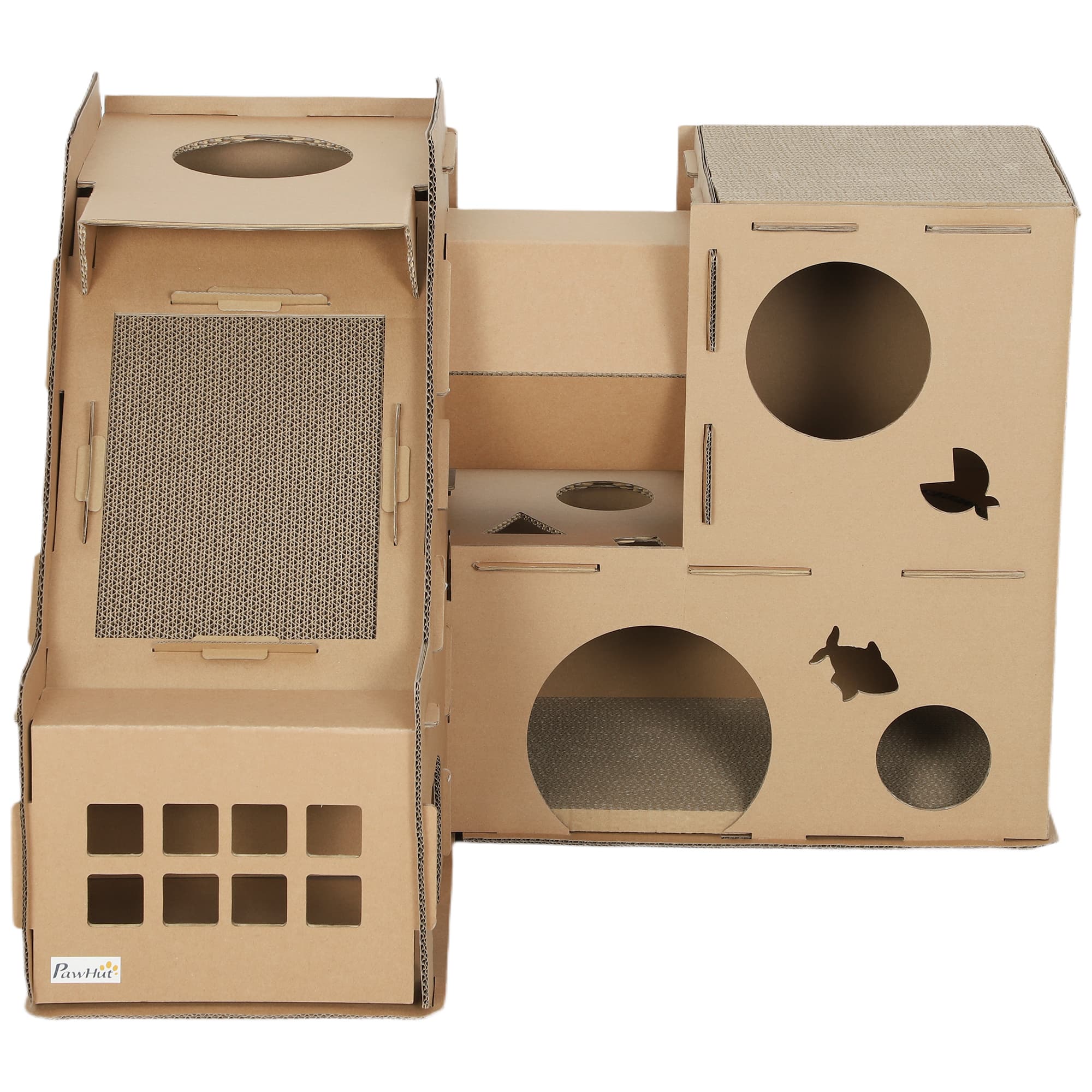 PawHut Maison pour Chats en Carton Forme Château 2 Niveaux avec 3 Zones de Grattage Tunnel Rampe Inclut Herbe à Chat Marron