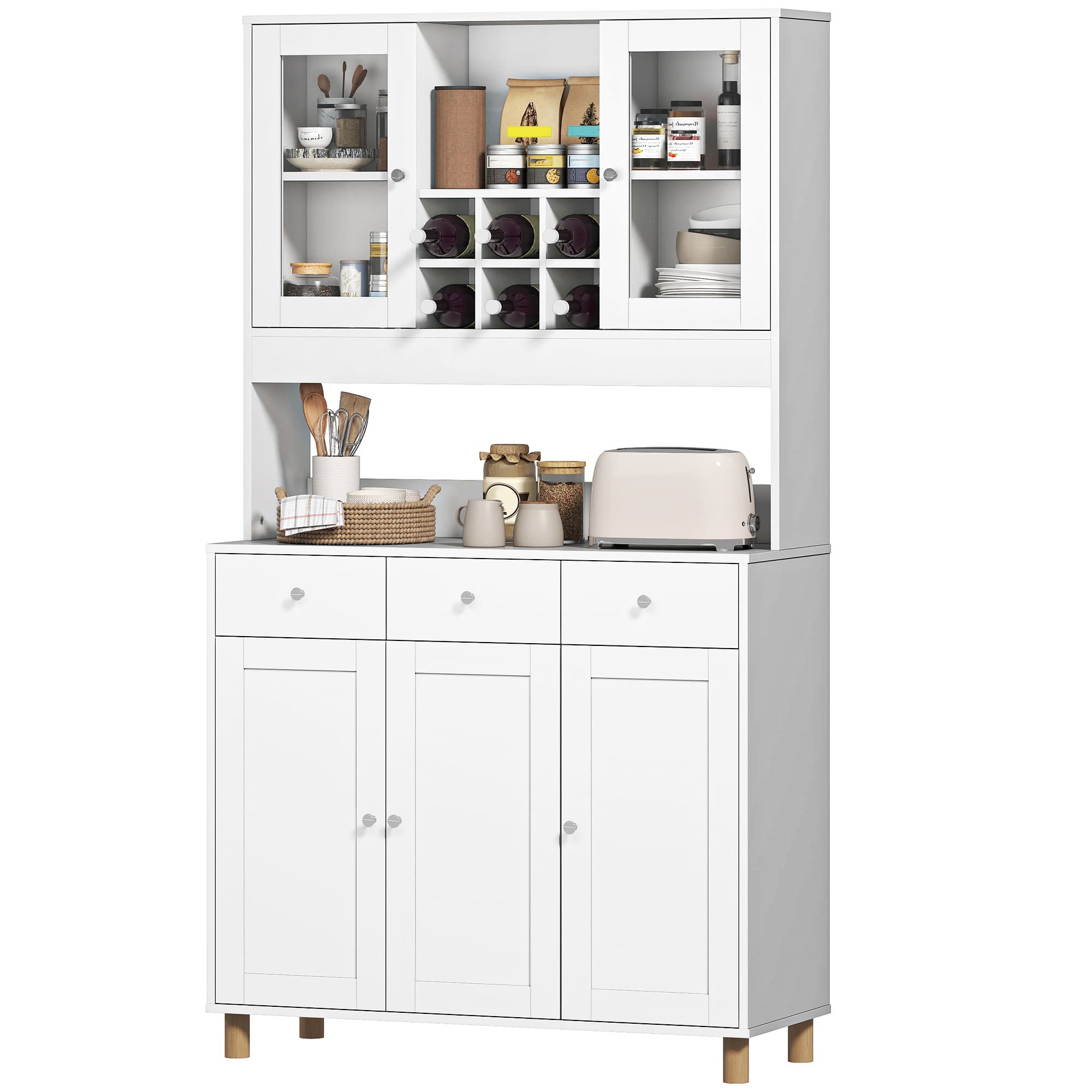 HOMCOM Armoire de cuisine 180 cm, 2 portes vitrées, 3 tiroirs, 4 étagères réglables, buffet, panneau de particules, Blanc