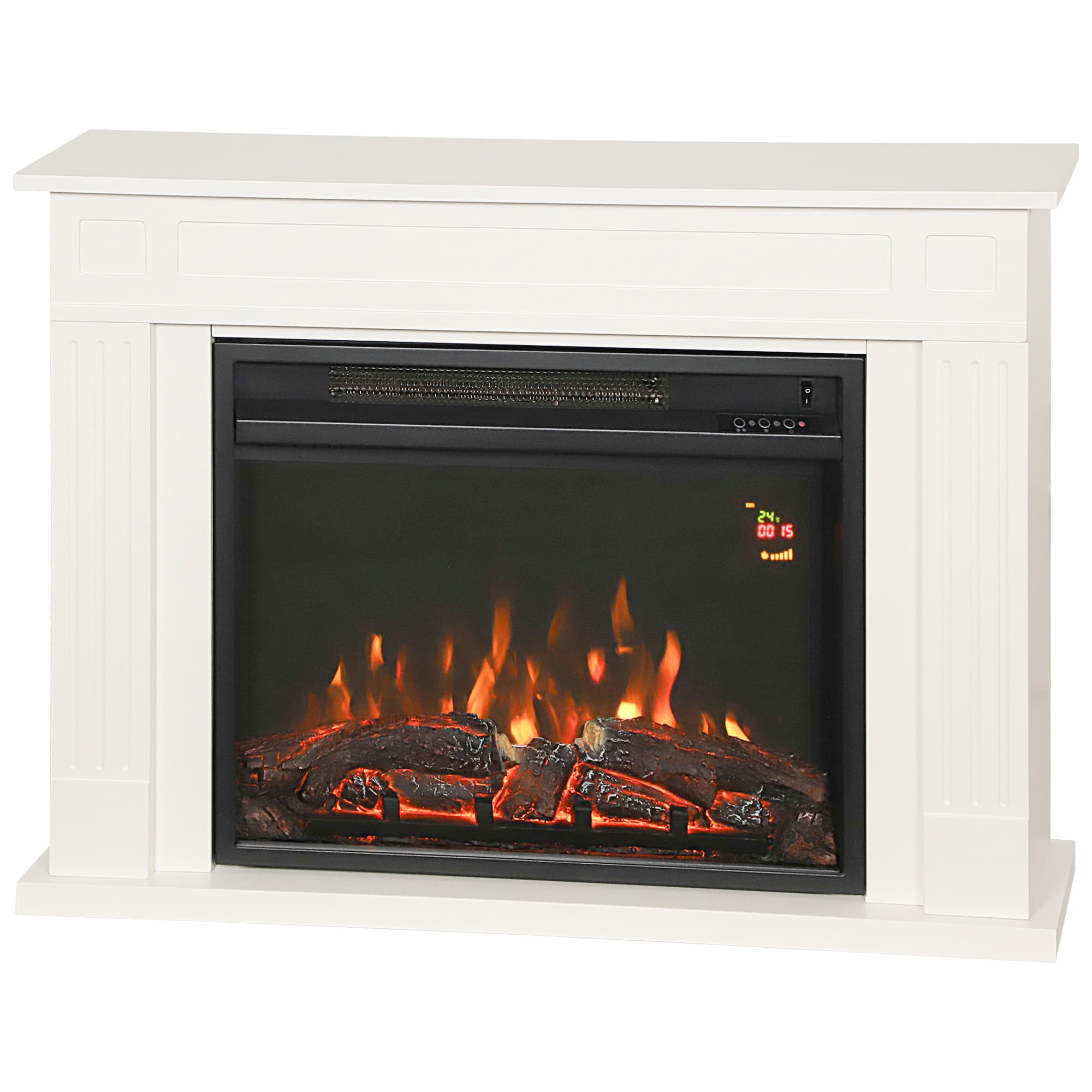 HOMCOM Cheminée Électrique avec Flamme à 5 Niveaux, Télécommande et Minuterie, 98x23.5x69.5 cm, Blanc et Noir