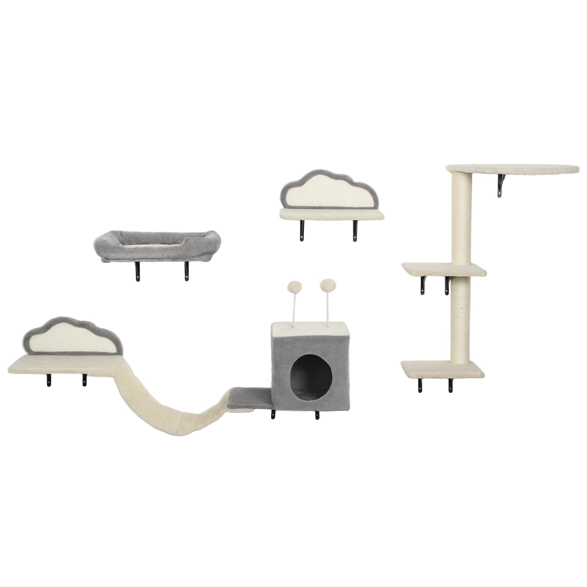 PawHut Set d'arbre à chat mural, surfaces à griffer en sisal, 4 pièces, pour 1-3 chats, Beige