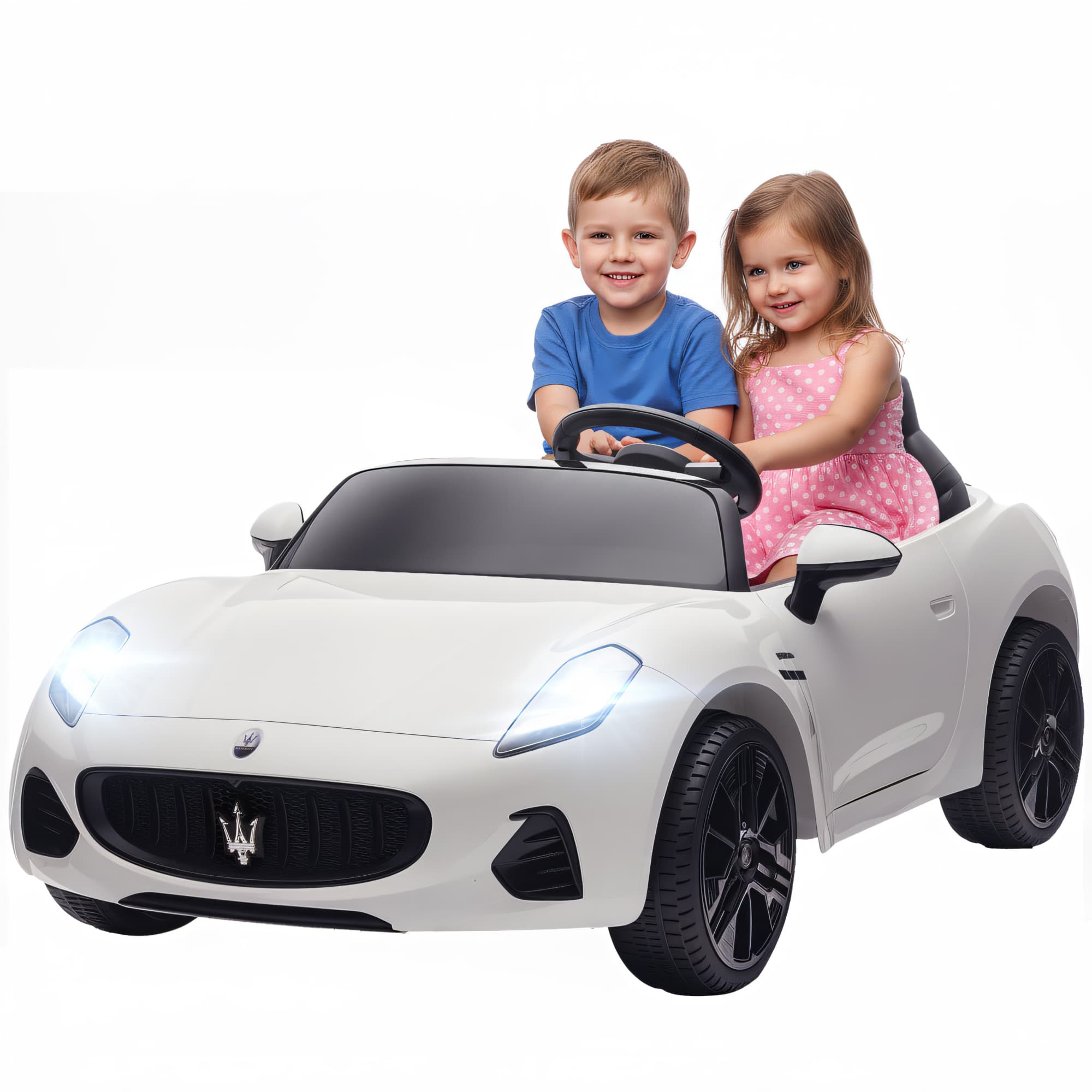 AIYAPLAY Voiture électrique Maserati pour enfants, 2 places, 12V, télécommande, feux LED, fonction musicale, Blanc
