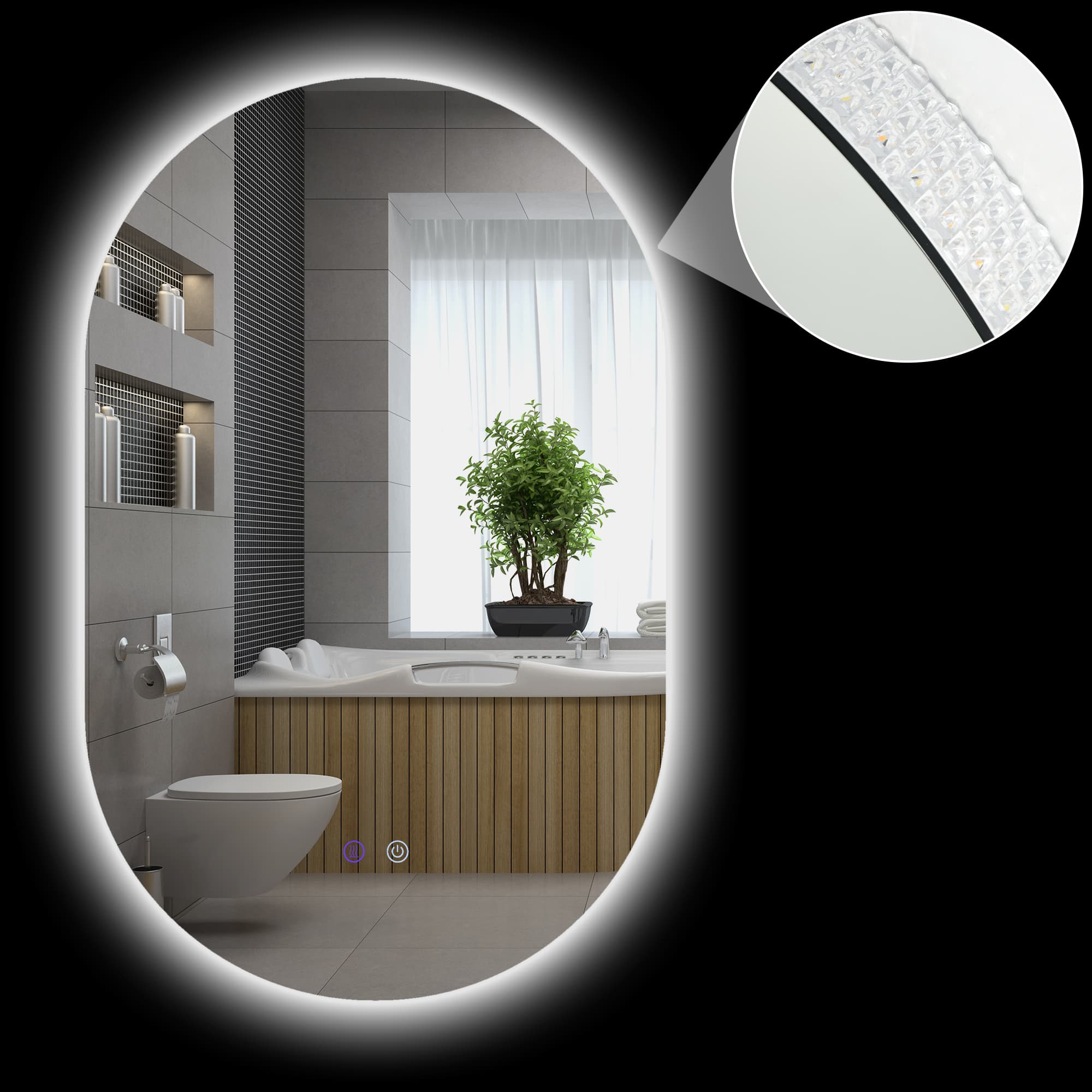 kleankin Miroir ovale mural lumineux LED salle de bain 81 x 51 cm 3 couleurs luminosité réglable interrupteur tactile transparent
