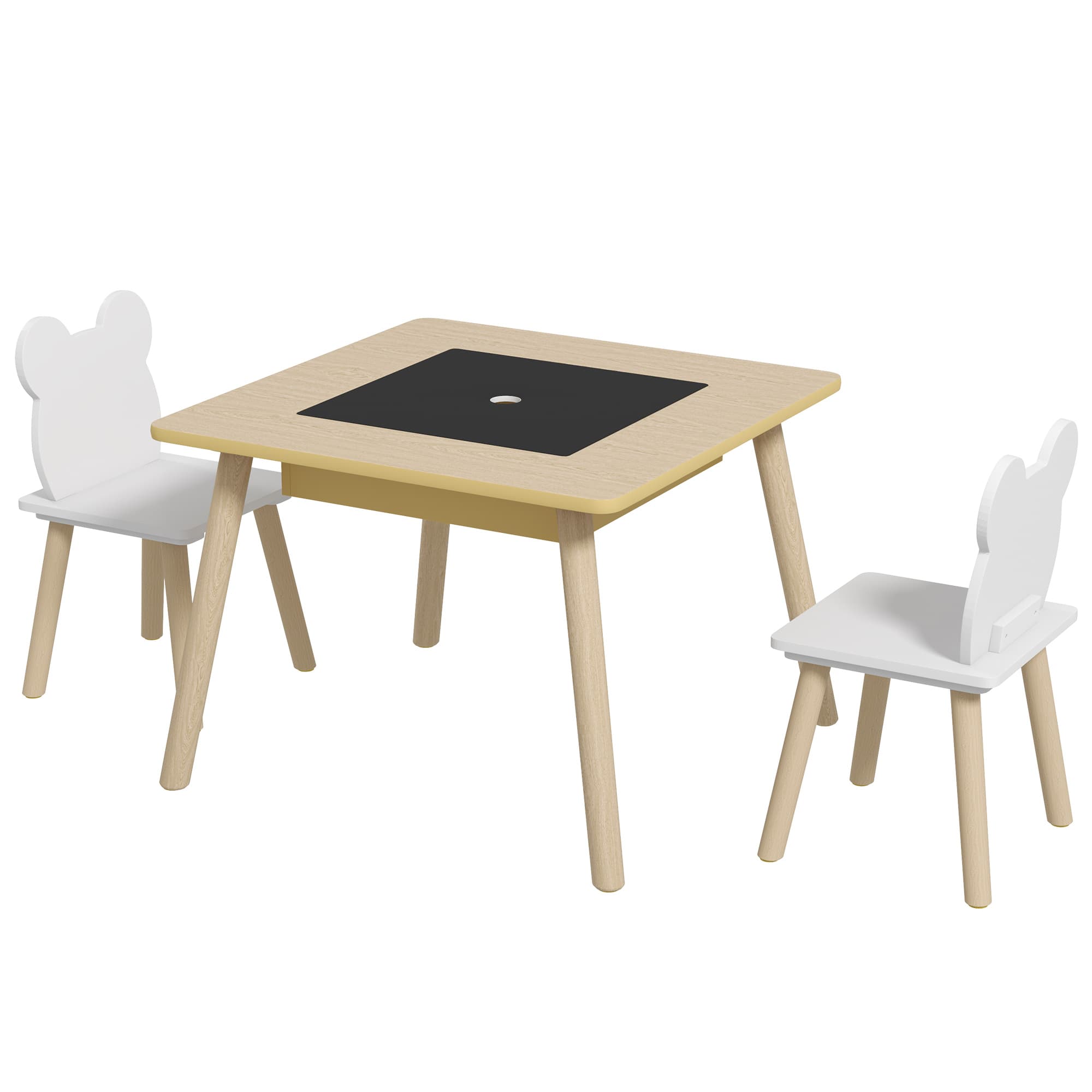 AIYAPLAY Table pour enfants avec 2 chaises, ensemble sièges pour enfants avec rangement dossier en forme d'ours pour enfants de 3-6 ans, bois naturel