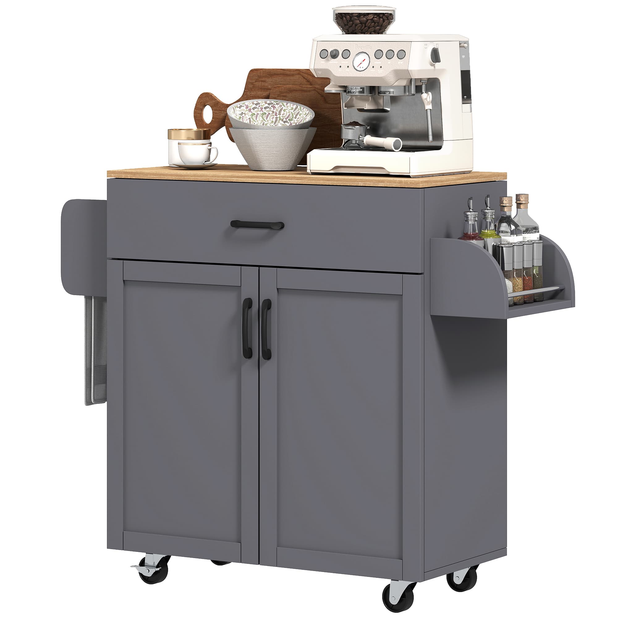 HOMCOM Îlot de Cuisine sur Roulettes avec Tiroir Armoire avec Portes Porte-serviettes et Porte-épices 105x36x85 cm Gris