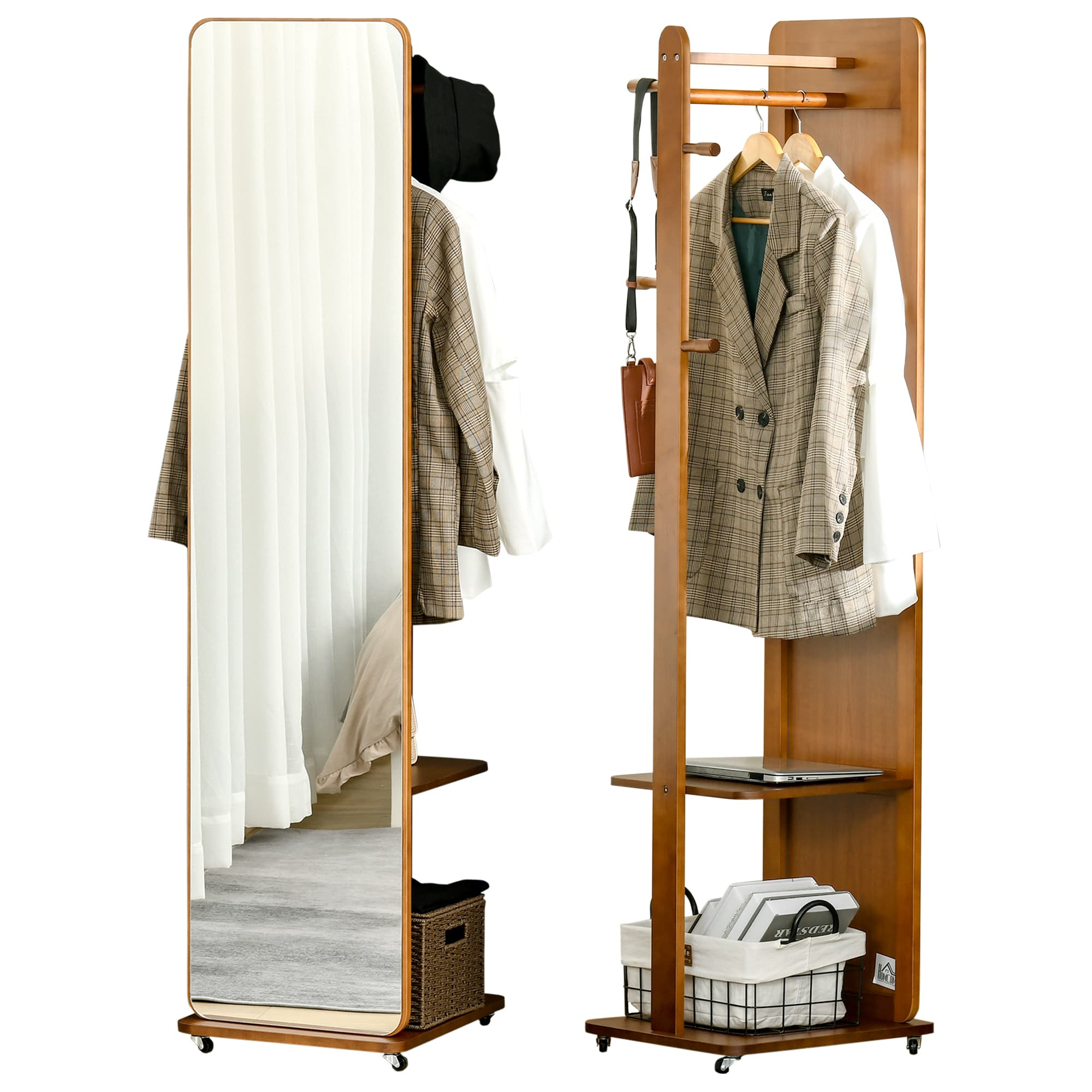 HOMCOM Miroir sur pied avec porte vêtement crochets roulettes pour salon chambre dressing-room MDF verre bois de pin 40 x 44,5 x 170 cm noyer