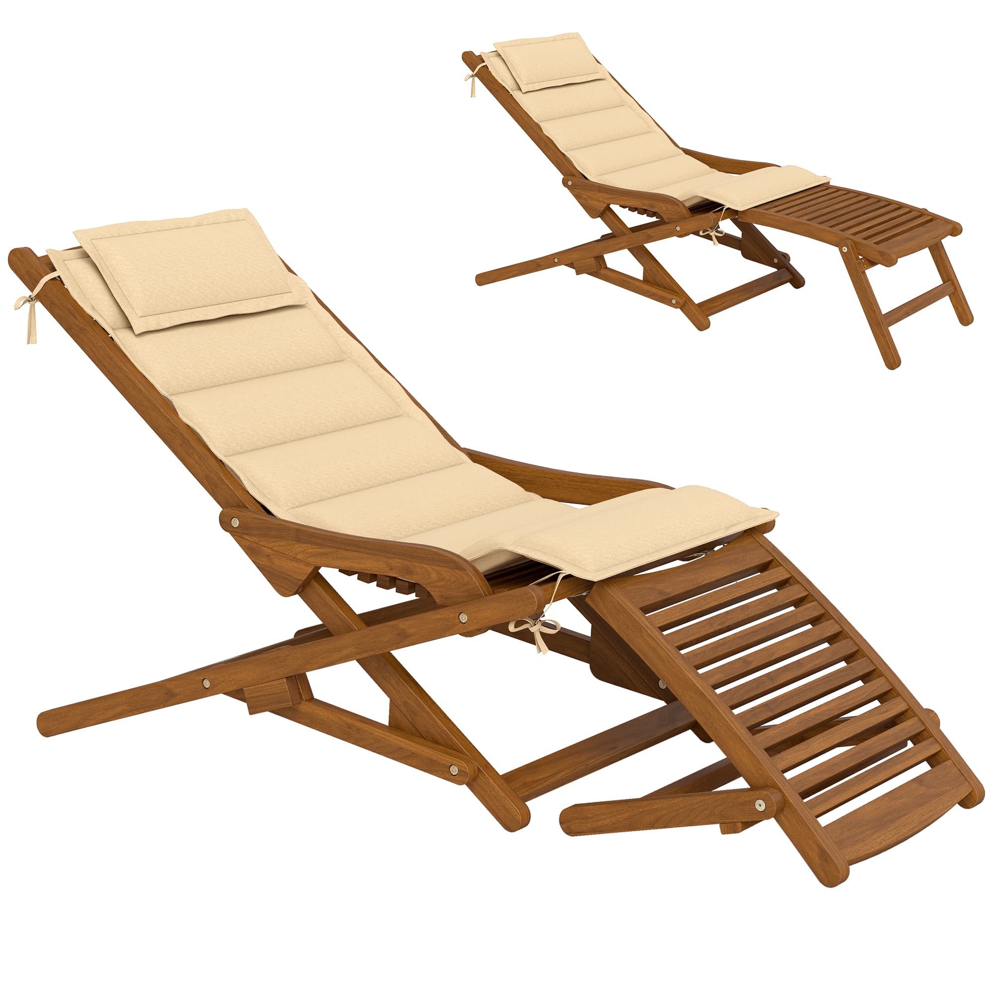 Outsunny Transat Chaise Pliable en Bois avec Repose-pieds Amovible et Coussin avec Appui-tête Charge 160 kg 158x61x70 cm Beige
