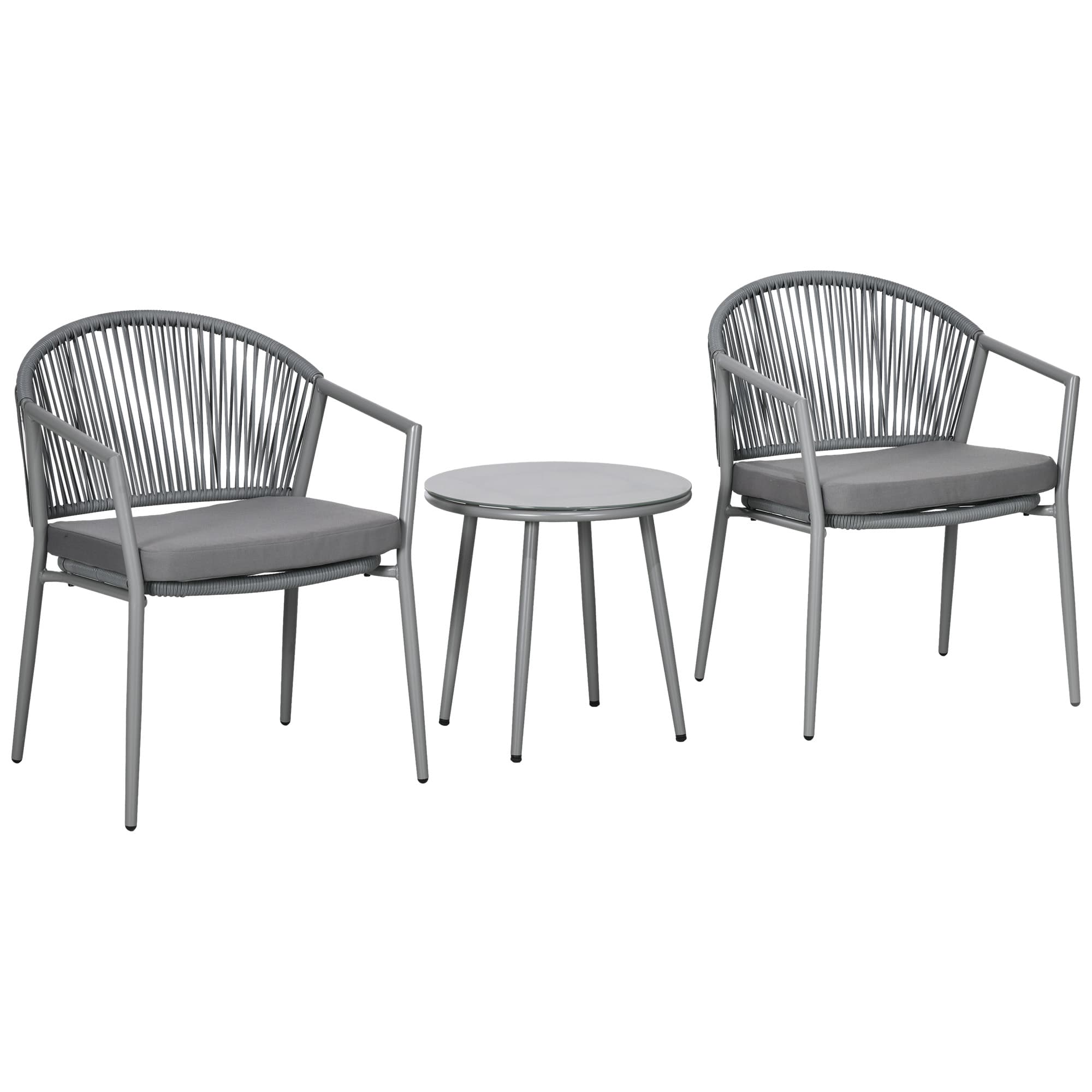 Outsunny Salon de jardin bistrot 3 pièces cadre en acier 2 fauteuils 1 table basse plateau en verre trempé coussins inclus gris