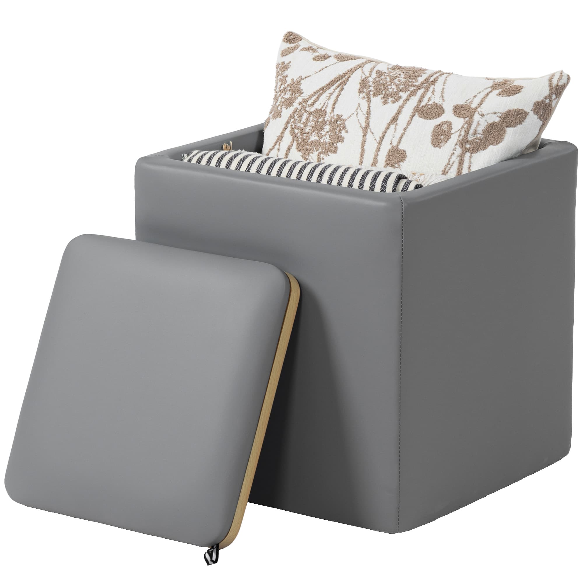 HOMCOM Pouf de rangement avec couvercle, pouf carré siège cube similicuir 40 x 40 x 40 cm Gris