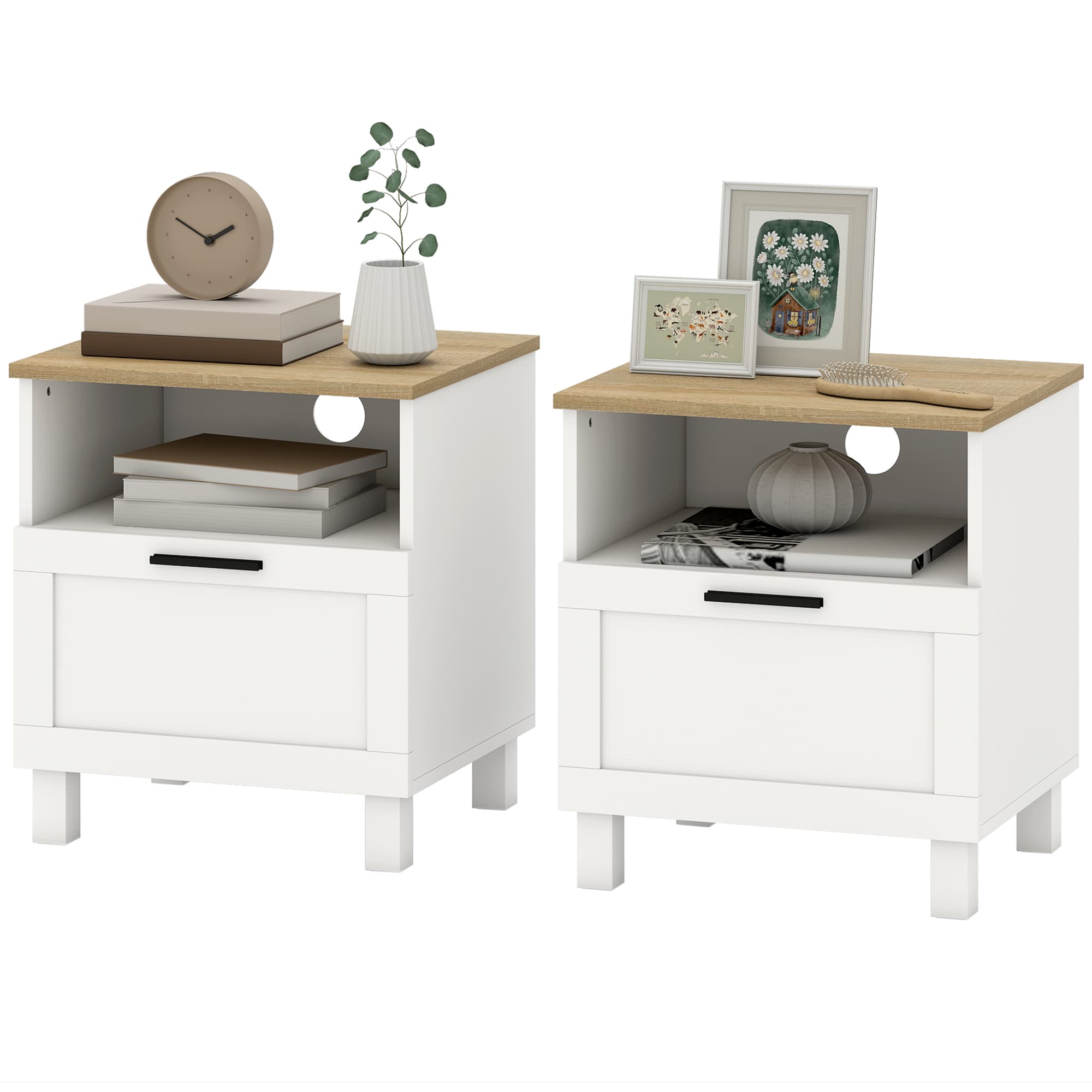 HOMCOM Jeu de 2 Tables de Chevet Tables de Chevet avec Tiroir Compartiment Ouvert Pieds en Bois 45x38x50 cm Blanc