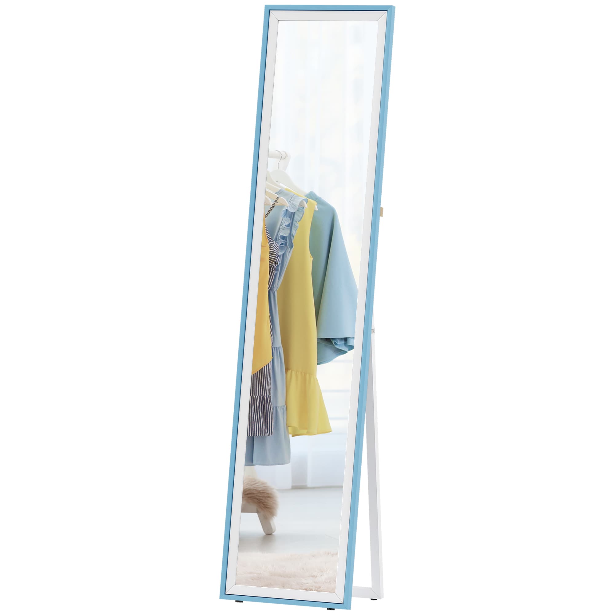 HOMCOM Miroir sur Pied Pleine Longueur avec Cadre en MDF Miroir Mural Rectangulaire avec 2 Modes d'Utilisation 37x4x157 cm Blanc et Bleu