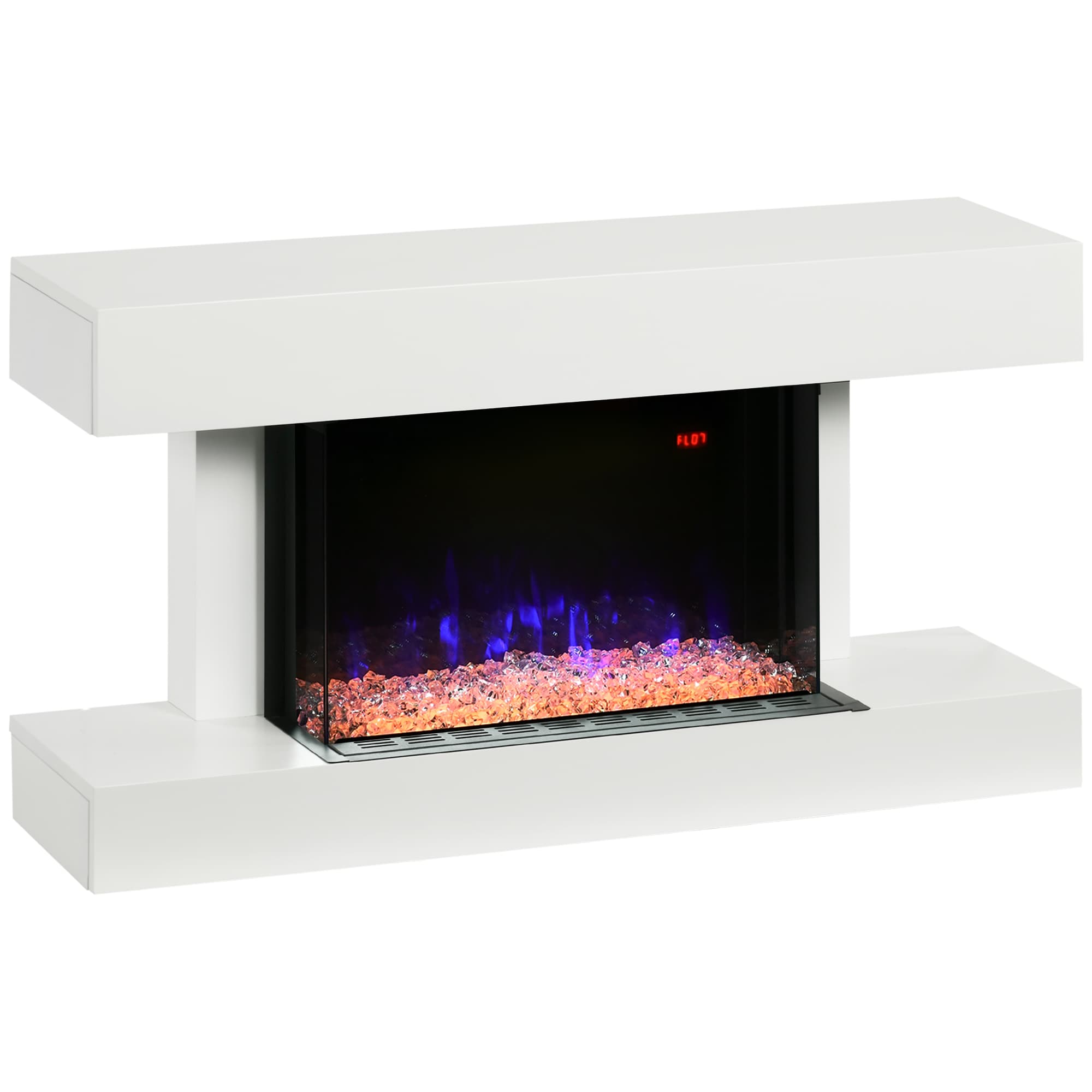 HOMCOM Cheminée électrique murale chauffante 2000 W, effet flamme 3D LED, cristaux, 11 couleurs avec 3 niveaux de luminosité, cheminée électrique avec télécommande, minuterie, blanc