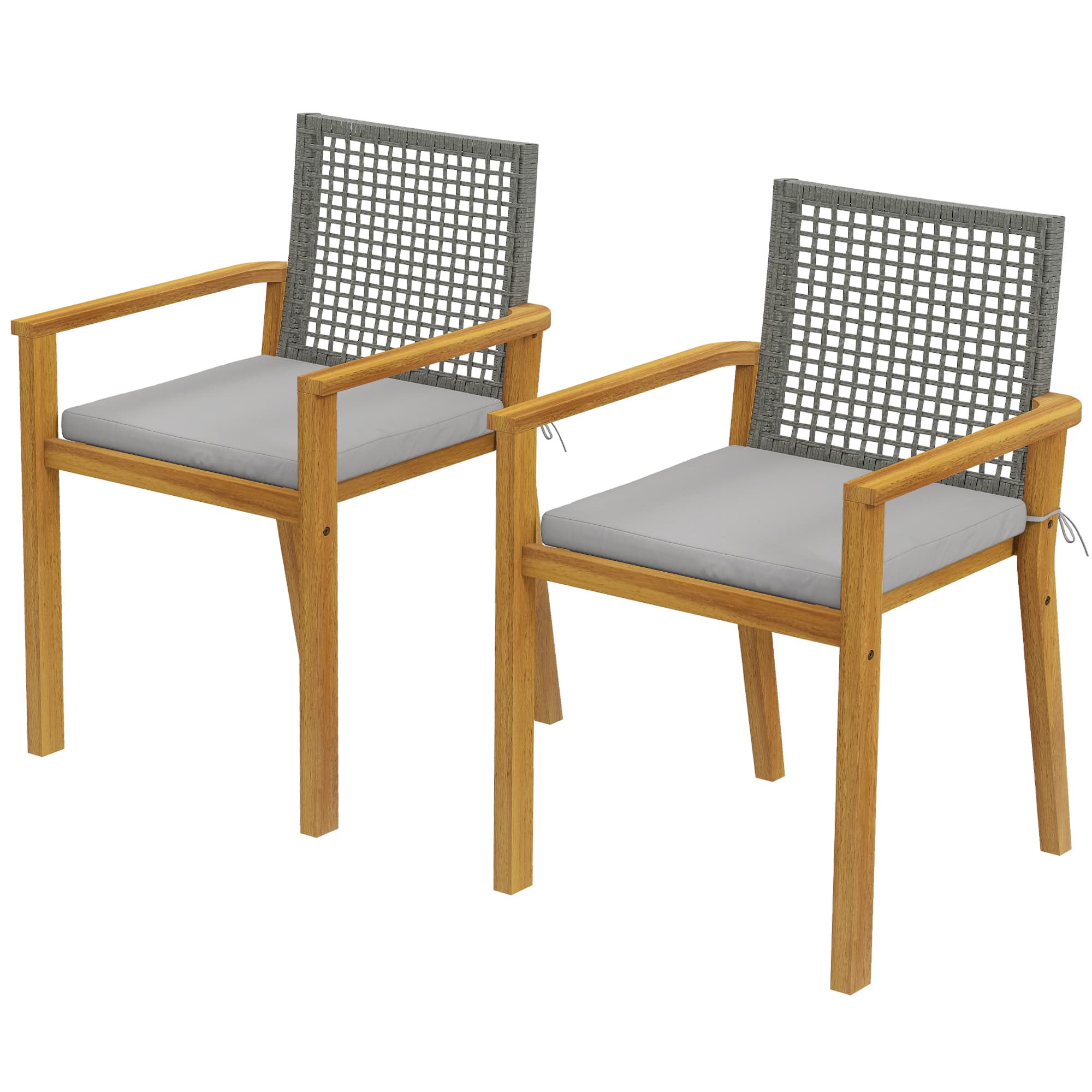 Outsunny Lot de 2 chaises de jardin en acacia certifié FSC empilables, chaises en bois avec dossier en rotin, coussins amovibles, accoudoirs