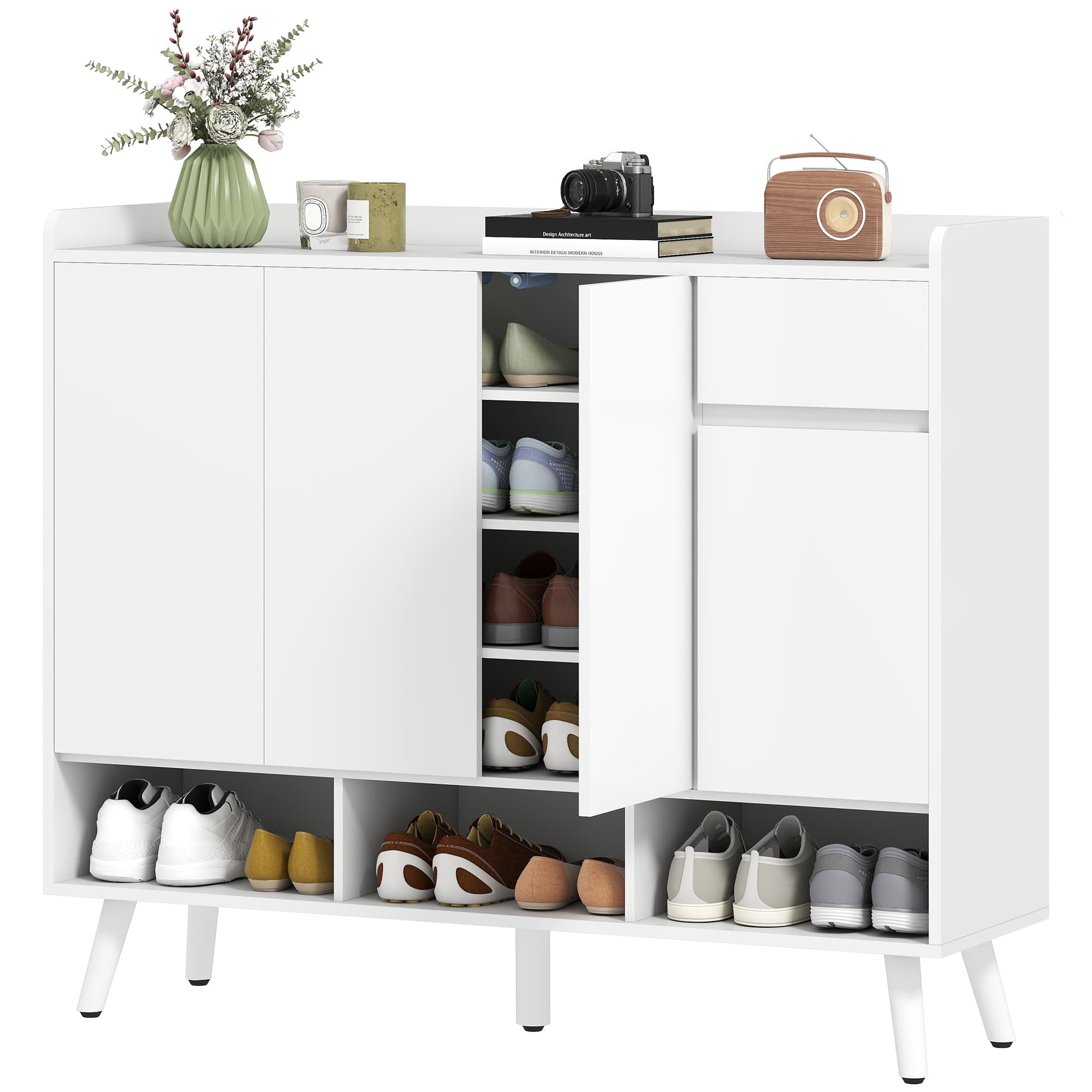 HOMCOM Meuble à chaussures au design sans poignées, 4 portes, 4 étagères réglables, meuble à chaussures indépendant avec 5 pieds en bois, bois, Blanc