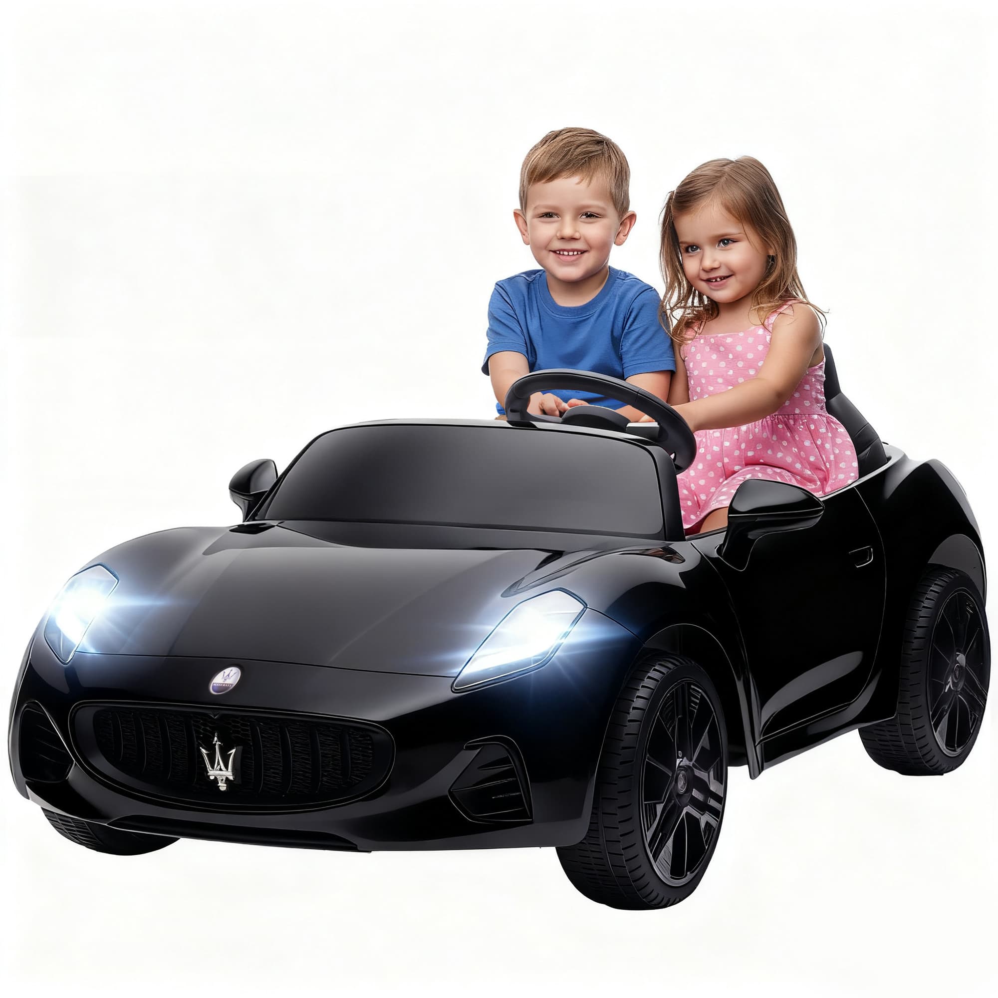 AIYAPLAY Voiture électrique Maserati pour enfants, 2 places, fonctionnement sur batterie 12V, télécommande, feux LED, fonction musique, Noir