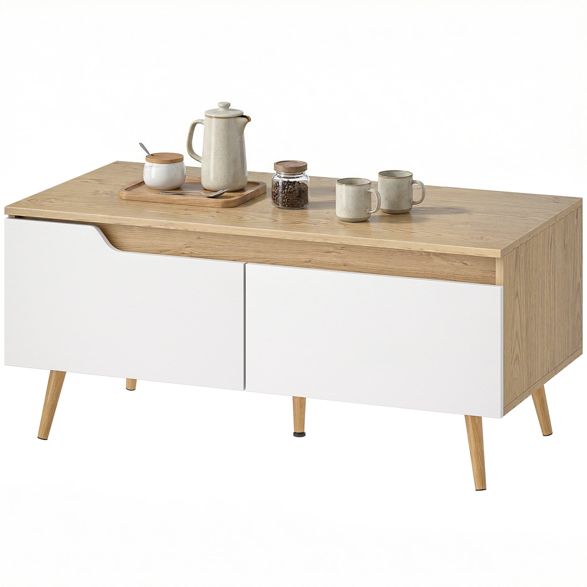 HOMCOM Table basse rectangulaire, table de salon moderne avec 2 tiroirs, 5 pieds en bois de pin, 100x50x46cm, chêne et blanc