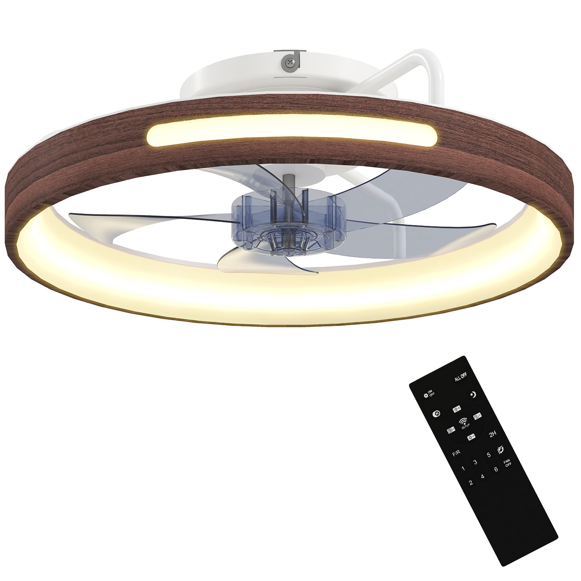 HOMCOM Ventilateur de plafond avec lumière LED 40 W Moteur DC réversible Télécommande 6 vitesses 3 couleurs Minuterie Teck