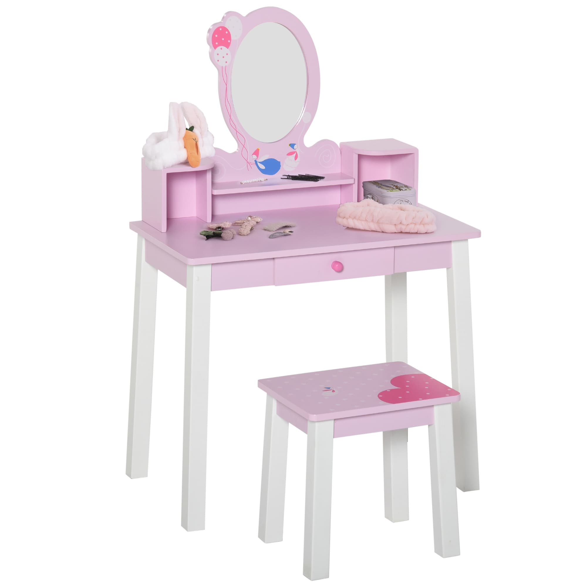 Homcom Coiffeuse enfant table de maquillage avec tabouret, 1 tiroir, miroir 59 x 39 x 92 cm bois rose