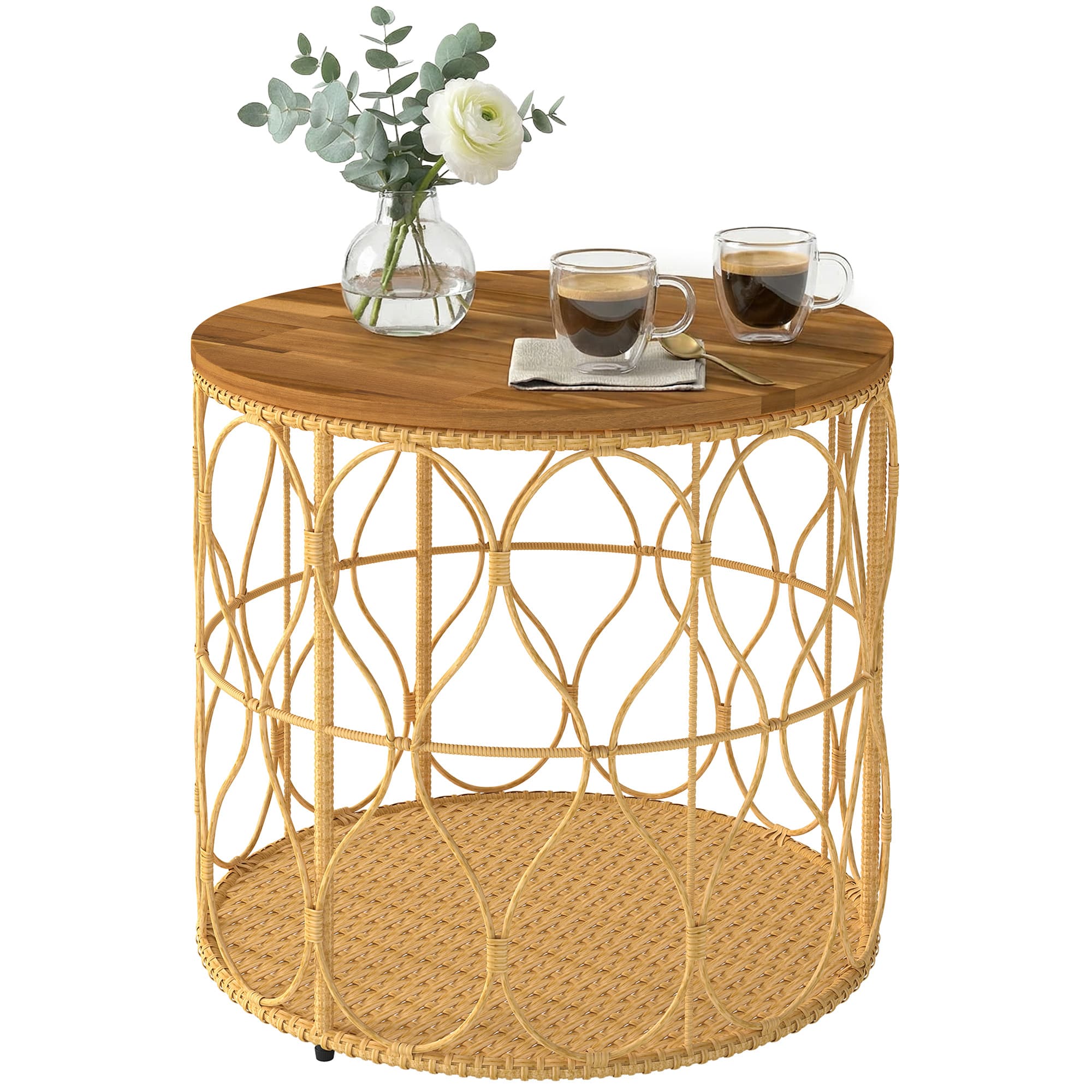 Outsunny Table d'appoint Ø50 cm résistante aux intempéries, table de jardin aspect rotin, plateau en bois d'acacia, pieds réglables Teck