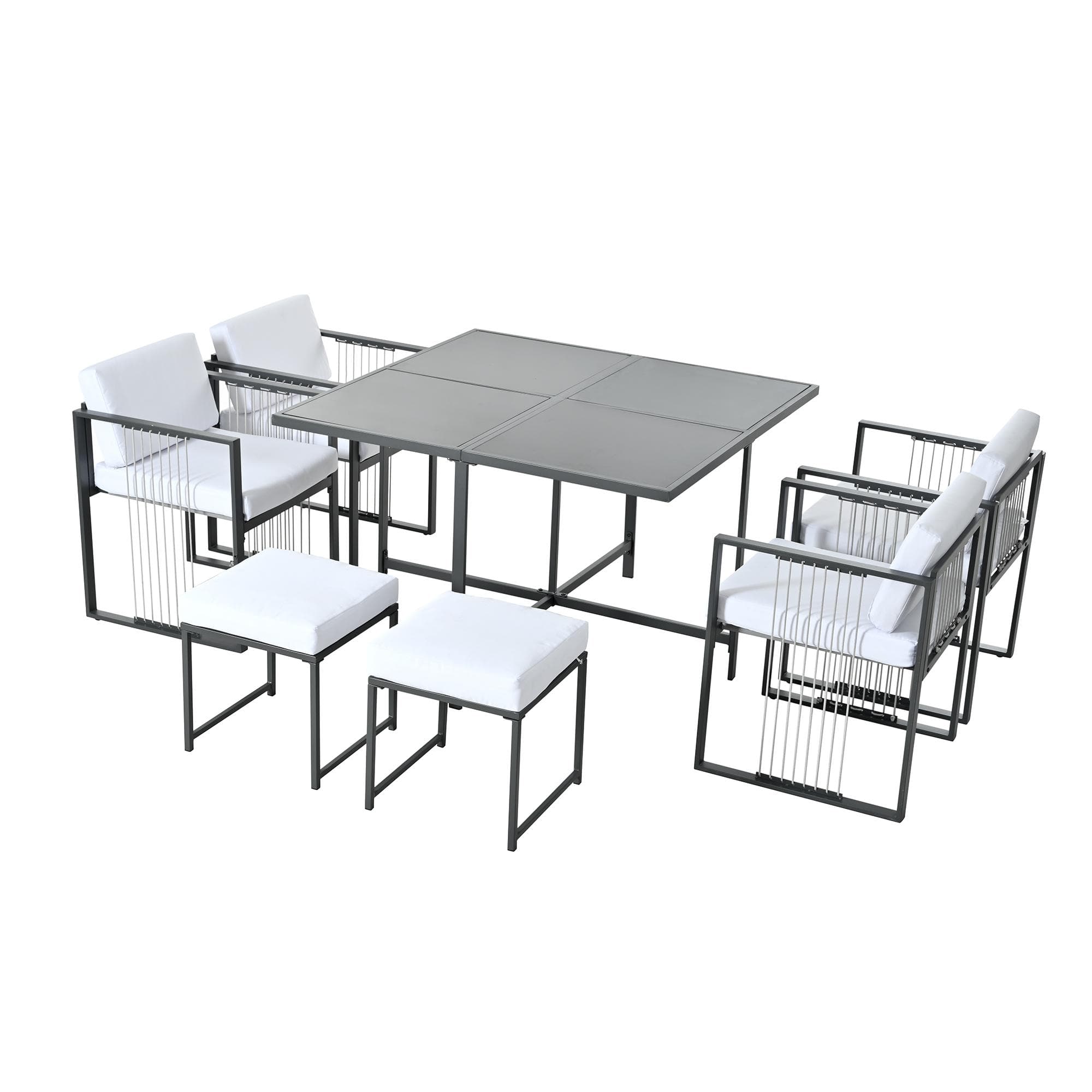 Ensemble repas de jardin 7 pièces pour 6 personnes, table en verre trempé, 4 fauteuils tressés et 2 poufs, Noir+Blanc