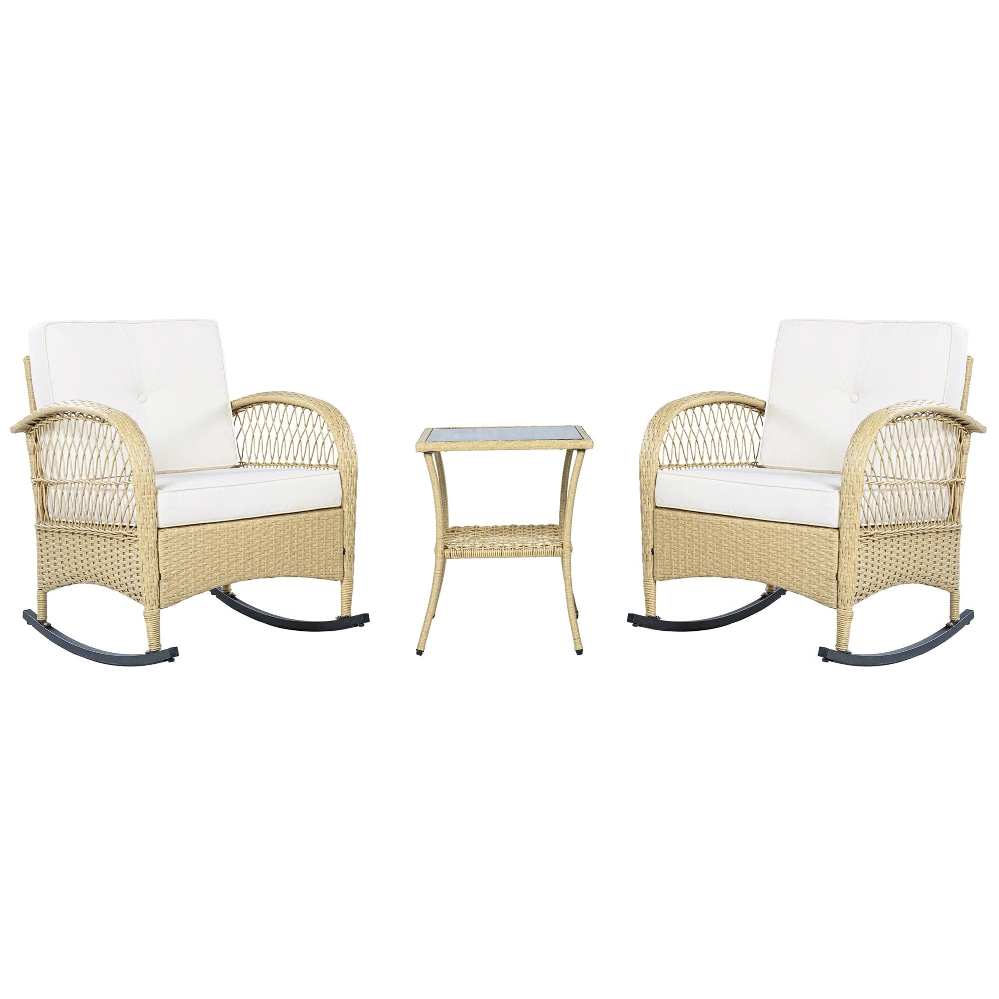 Ensemble de balcon en rotin (3 pièces), 2 fauteuils à bascule confortables avec dossier haut, 80x76x86 cm, Beige
