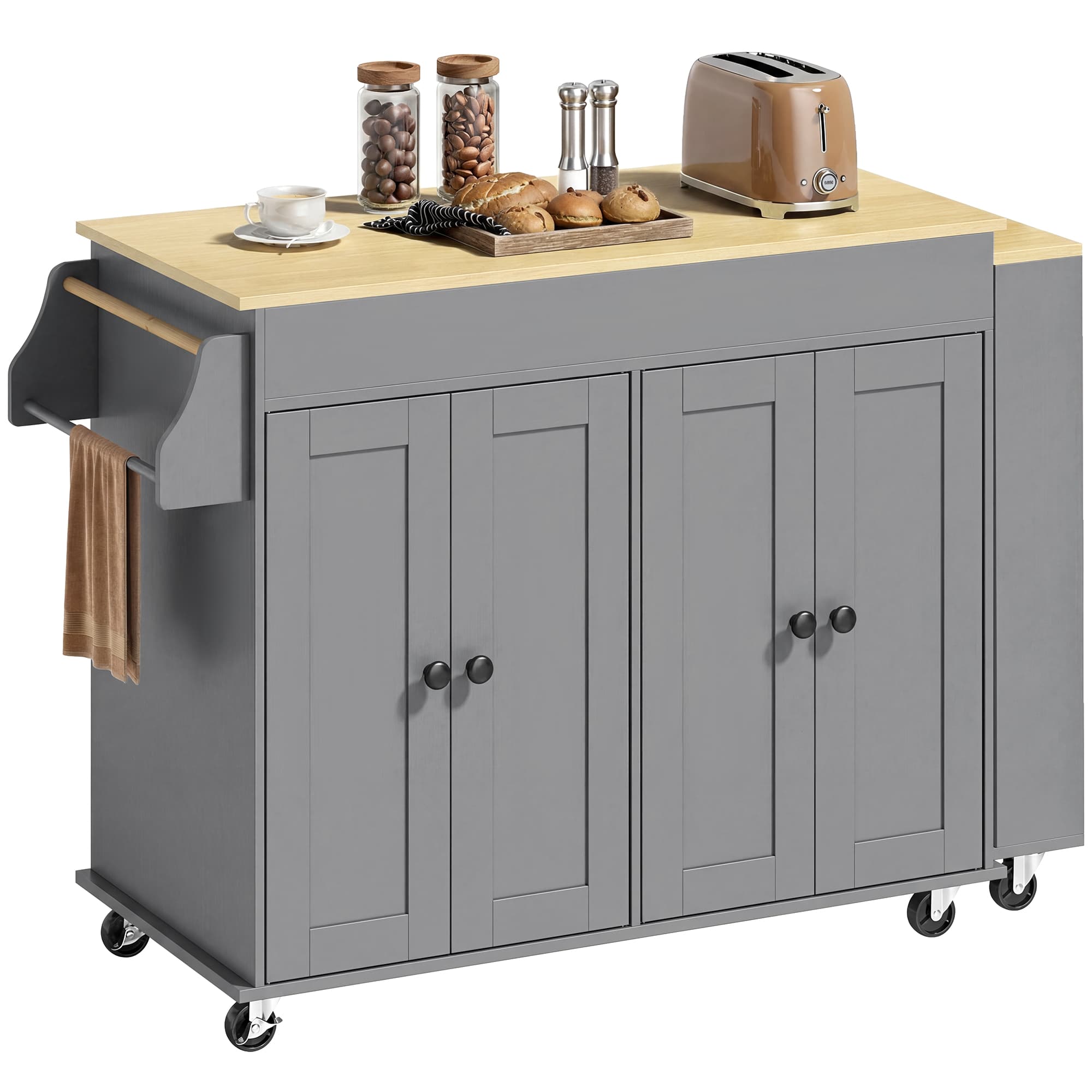 HOMCOM Îlot de cuisine sur roulettes Plan de travail extensible 4 portes Étagères réglables Range-épices et porte-serviettes Gris