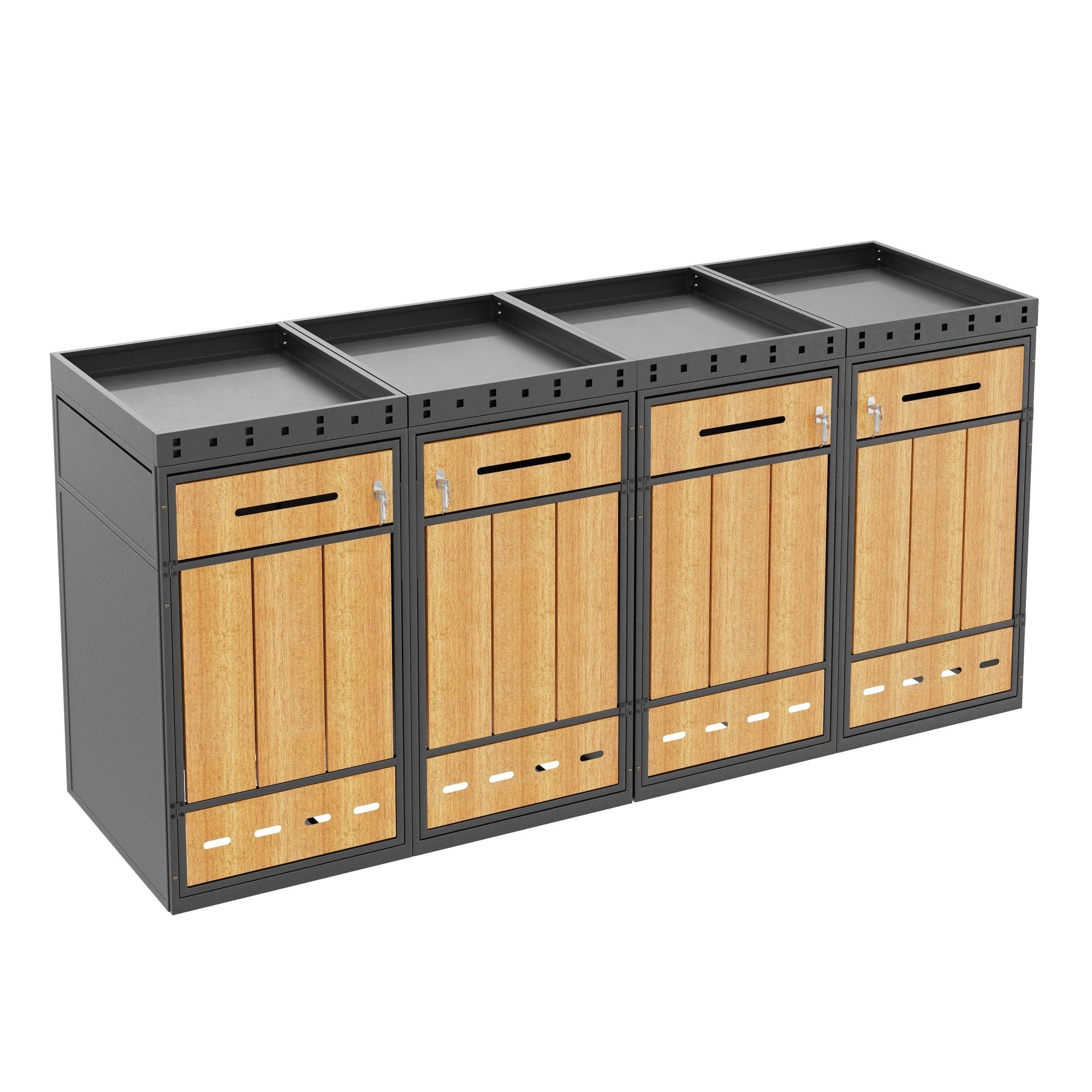 Coffre pour poubelles avec jardinière intégrée, pour 4 poubelles, accès frontal avec serrure et poignée, 264x80x124 cm, Gris+Couleur naturelle