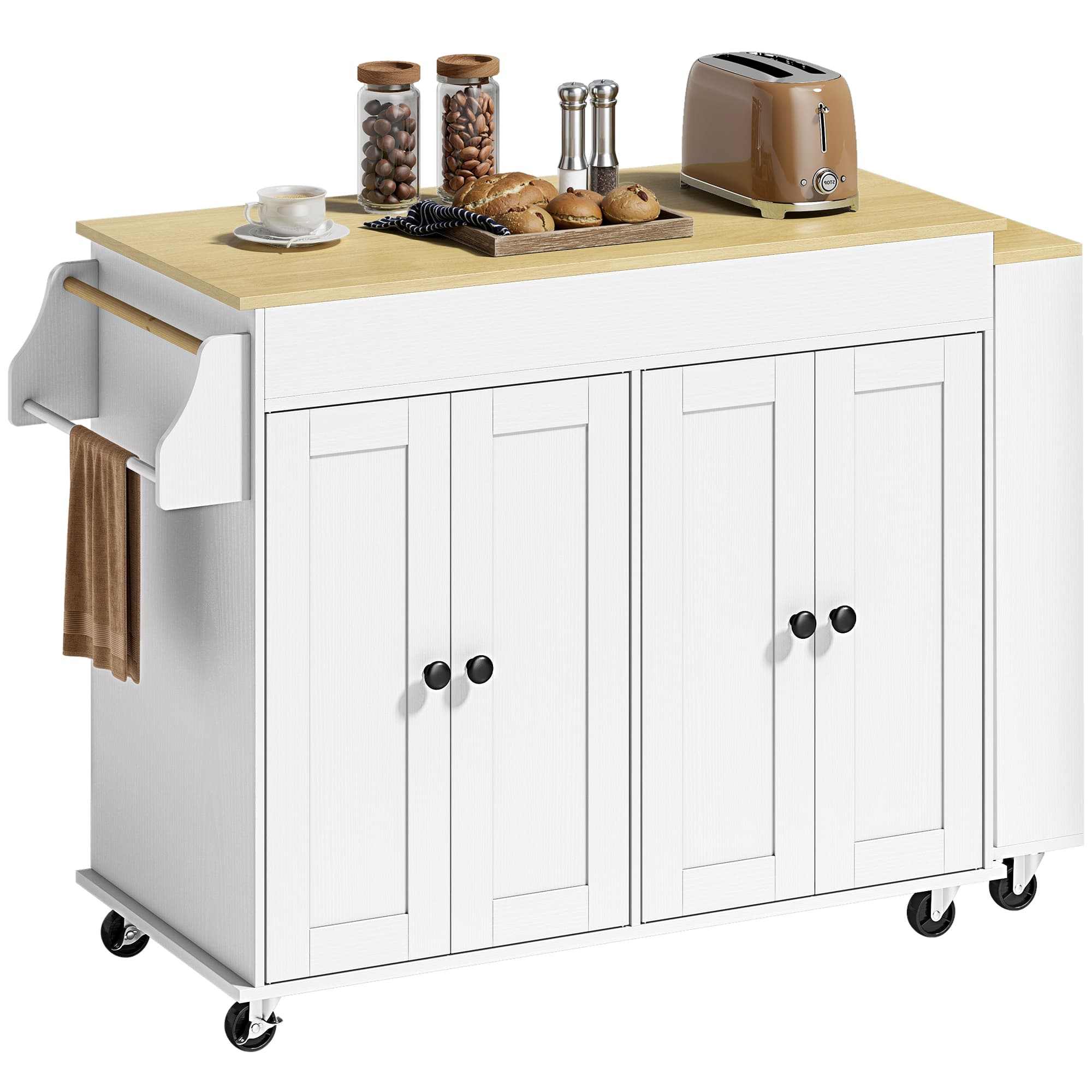 HOMCOM Îlot de cuisine sur roulettes plan de travail extensible 4 portes étagères réglables range-épices et porte-serviettes blanc