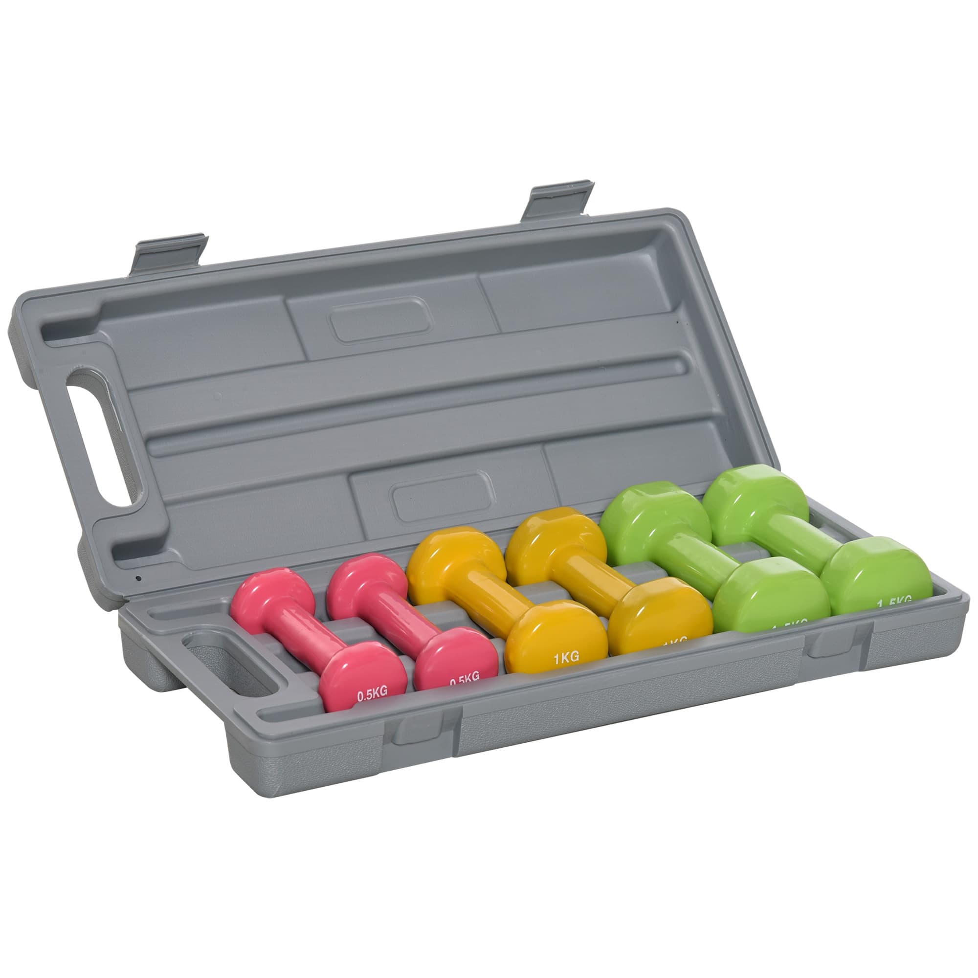 HOMCOM Ensemble d'haltères courtes multicolores total 6 kg avec mallette 6 haltères 0,5kg, 1kg, 1,5kg acier et revêtement PU rouge jaune et vert