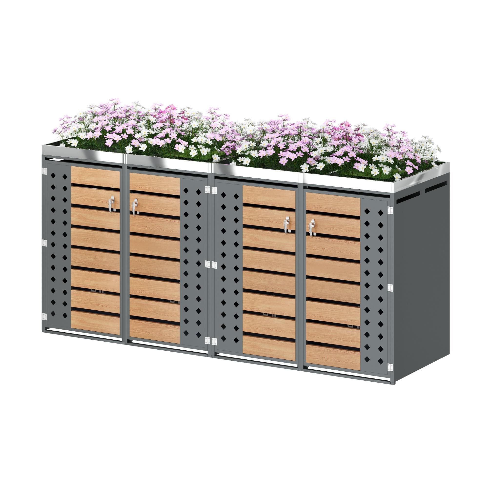 Coffre pour poubelles 4‐places, verrouillable avec jardinière intégrée, 264x80x124,5 cm, Gris+Couleur naturelle