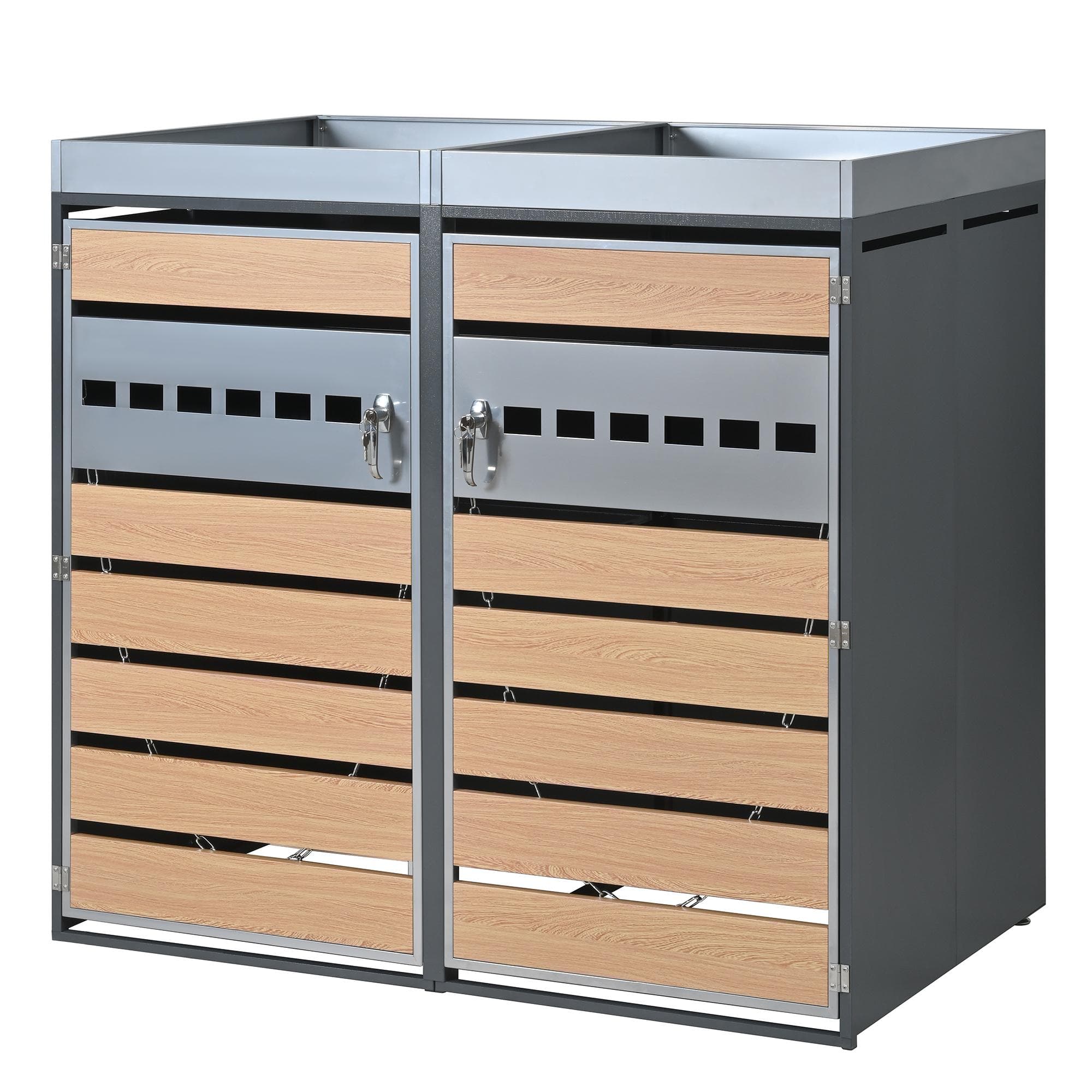 Cache-poubelles avec bac à plantes intégré et ventilation, armoire verrouillable en deux parties à 2 portes, 132x80x124,5 cm, Gris+Couleur naturelle