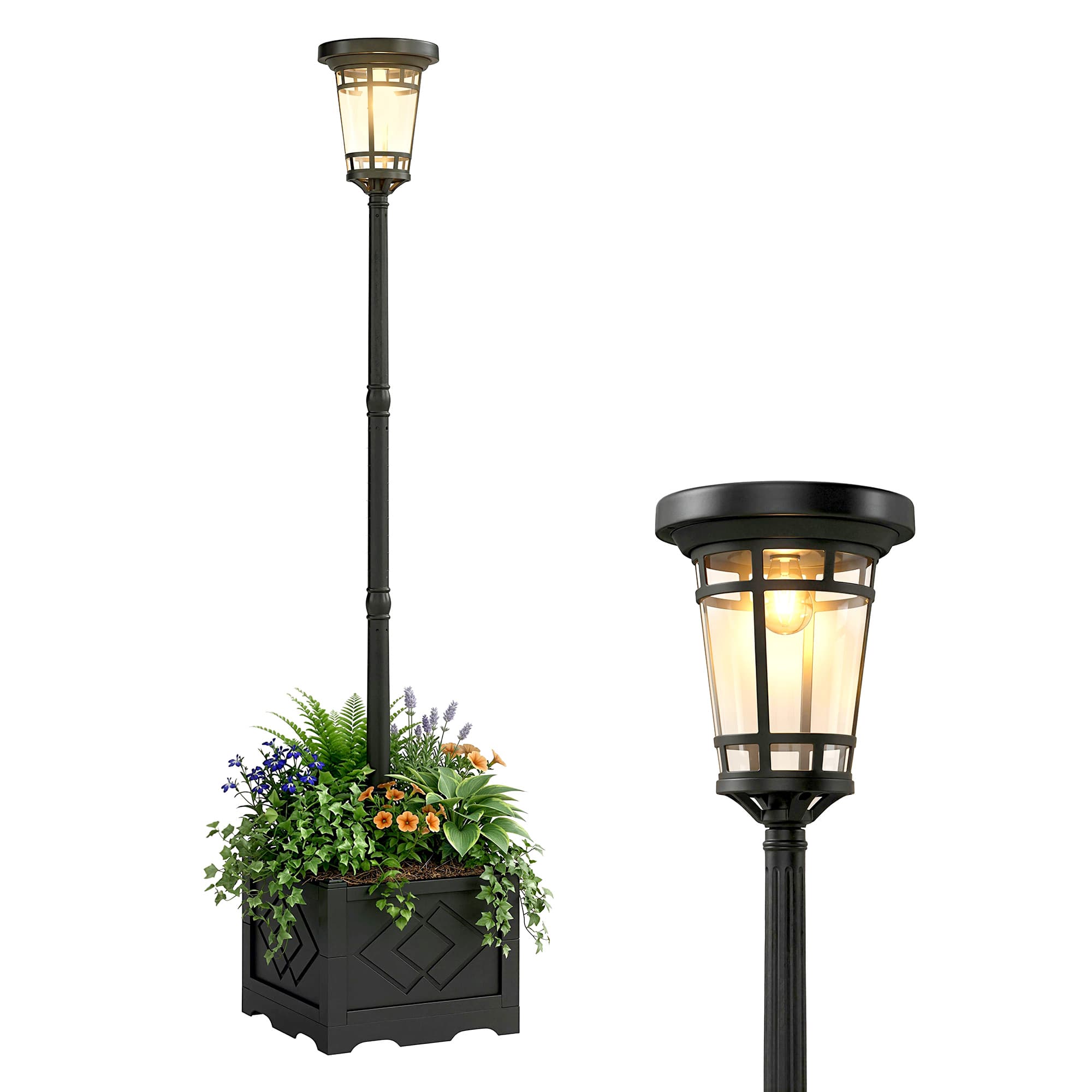 Outsunny Lanterne solaire sur pied avec jardinière 195 cm Lampe d'extérieur pour jardin avec 2 niveaux de luminosité Capteur crépusculaire Interrupteur IP44
