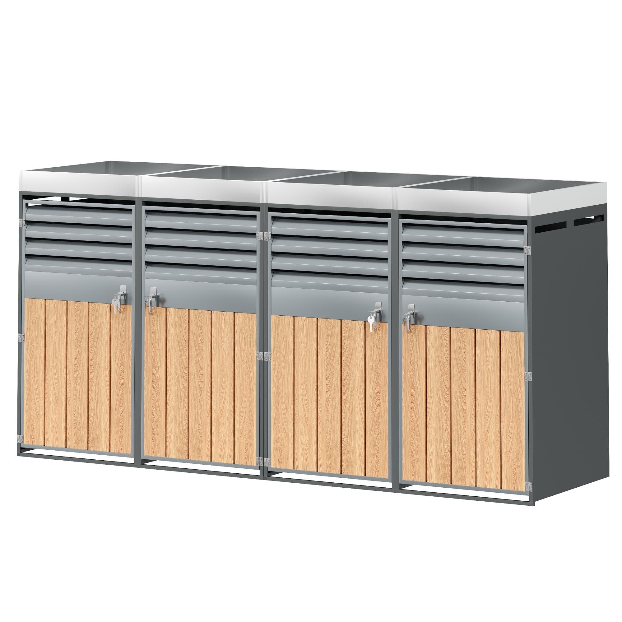 Cache-poubelles avec jardinière intégrée, armoire verrouillable pour 4 poubelles, 264x80x124,5 cm, Gris+Couleur naturelle