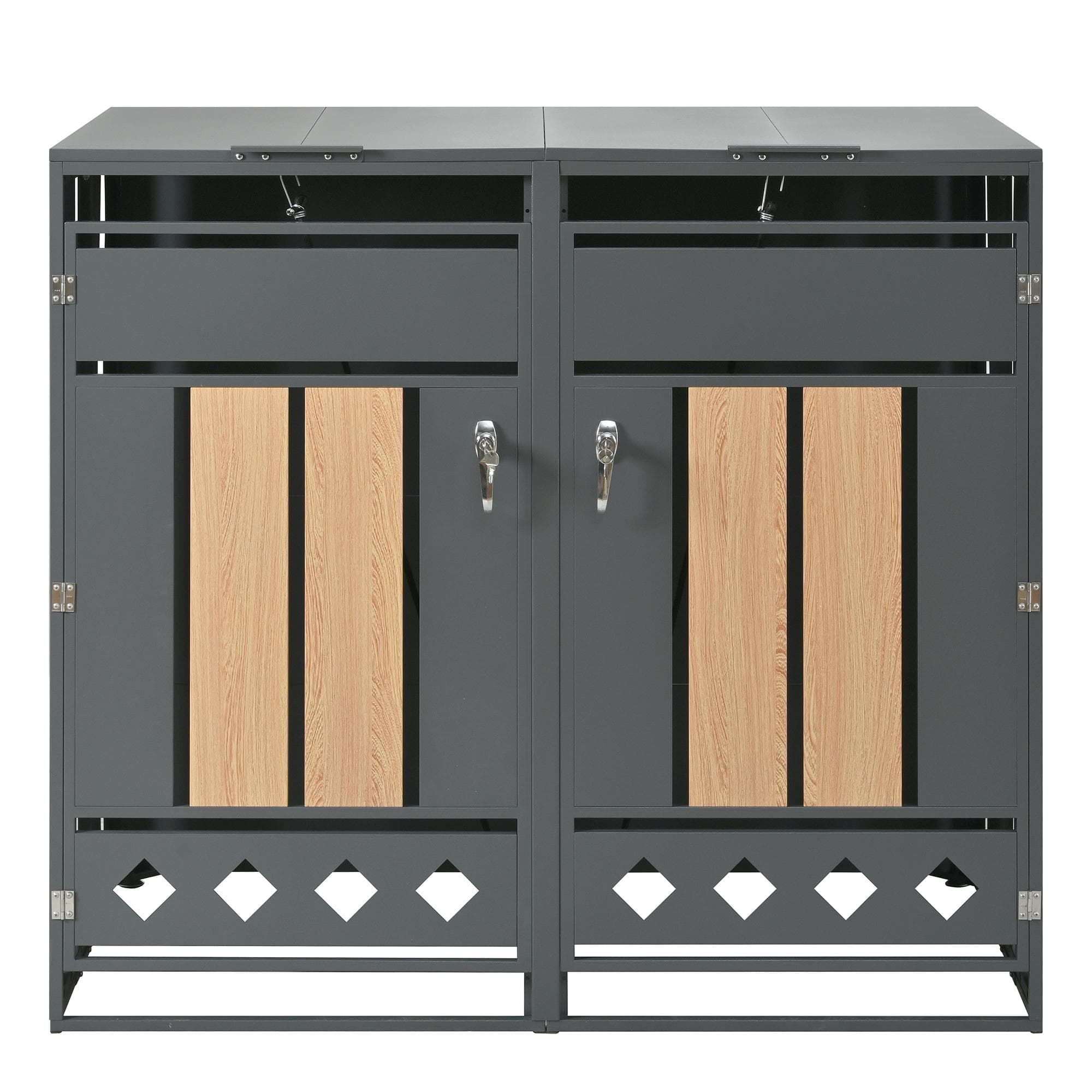 Coffre pour poubelles avec couvercle basculant hydraulique, portes verrouillables et deux compartiments, 132x80x118,5 cm, Gris+Couleur naturelle