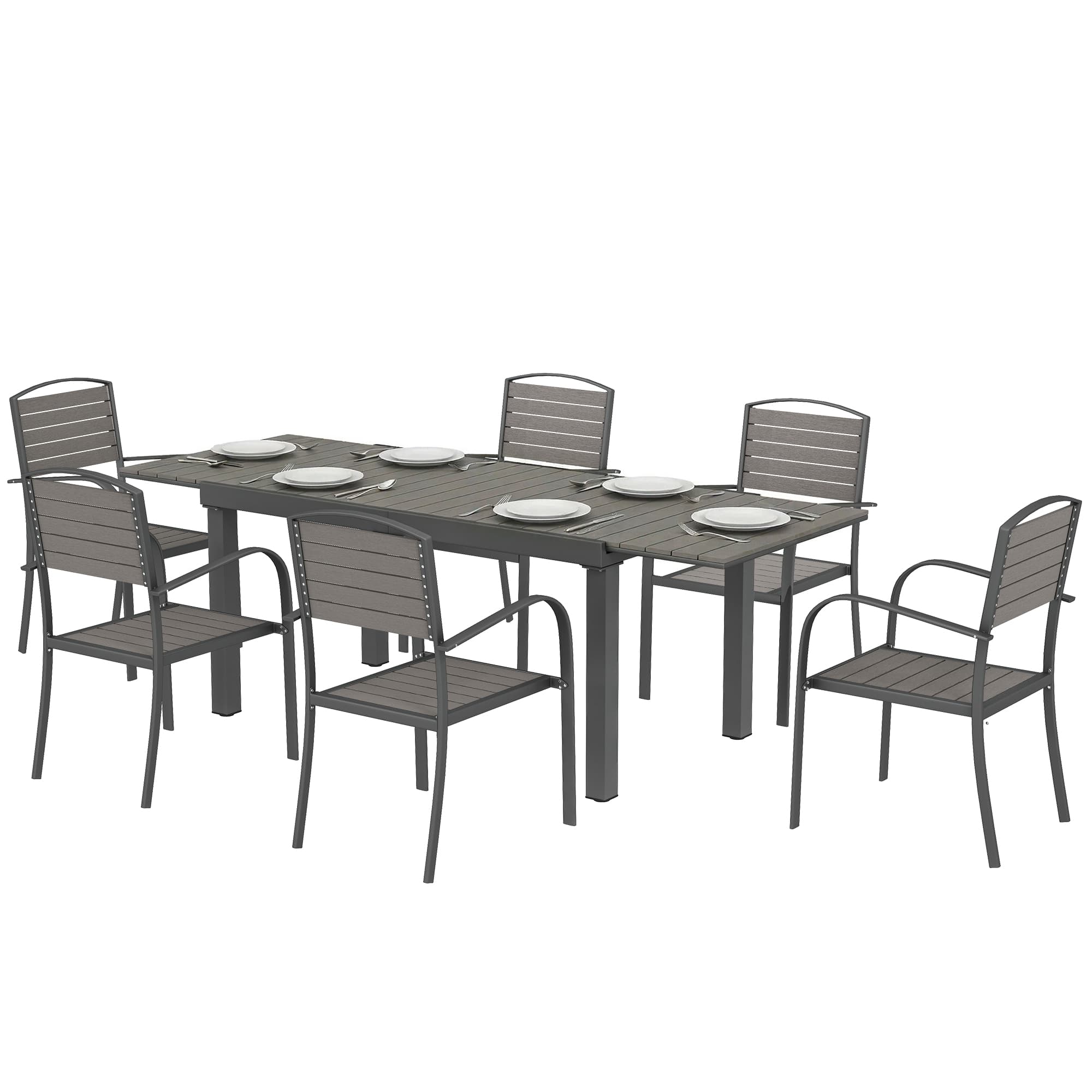 Outsunny Ensemble de jardin 7 pièces Table extensible avec 6 chaises Aspect bois design à lattes Cadre en aluminium