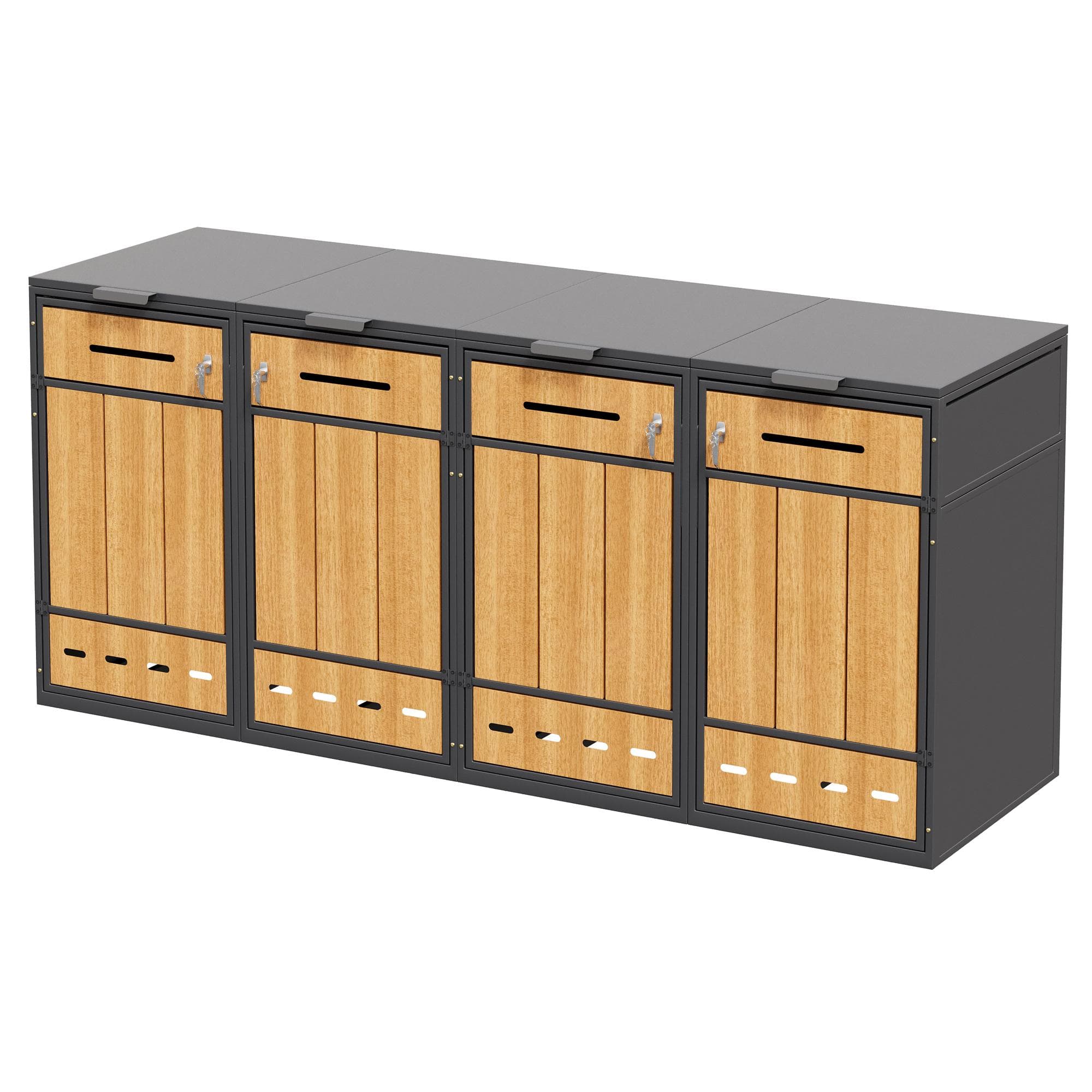 Coffre à poubelles avec couvercles rabattables et portes à ouverture frontale, pour 4×120–240 L, 264x84,5x118 cm, Gris+Couleur naturelle