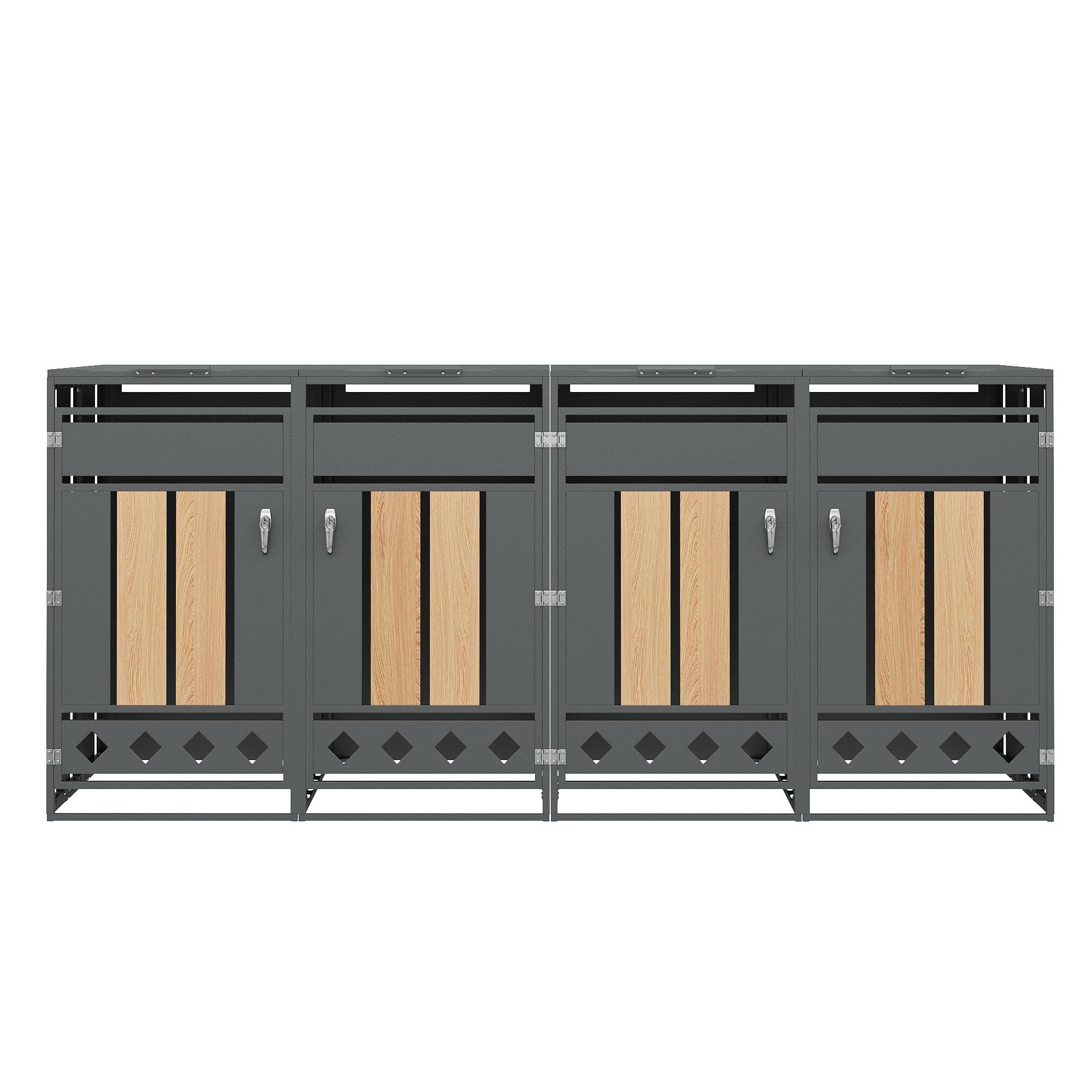 Caisson pour bacs à ordures avec couvercle rabattable hydraulique, 4 compartiments, portes verrouillables, 264x80x118,5 cm, Gris+Couleur naturelle