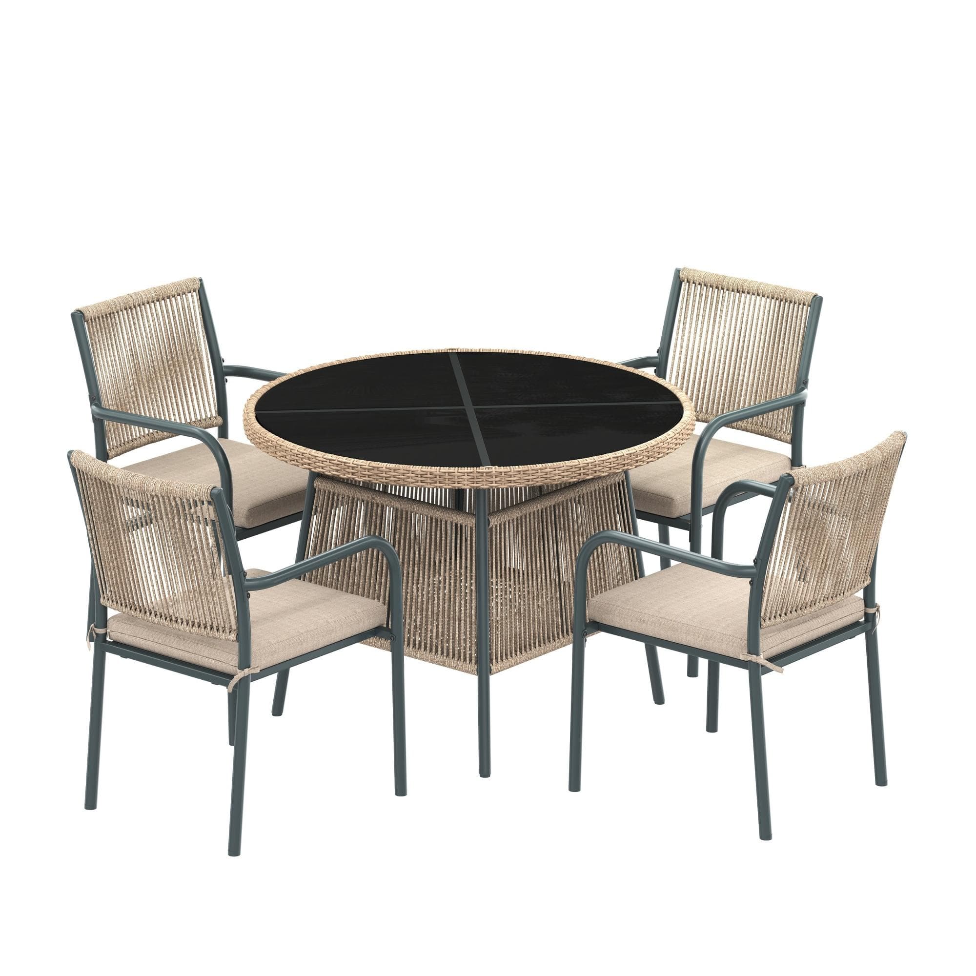 Ensemble de jardin moderne 5 pièces, table ronde avec plateau en verre trempé, 4 chaises avec accoudoirs et dossier en corde, Gris