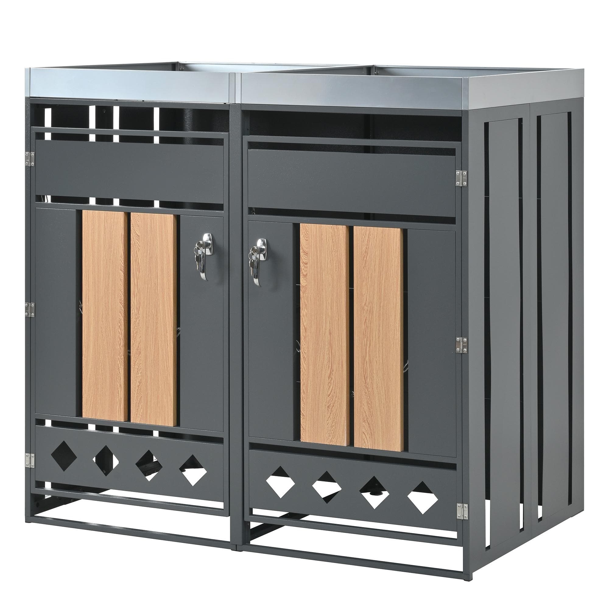 Coffre pour poubelles avec jardinière intégrée, verrouillable, pour 2 poubelles standard, 132x80x124,5 cm, Gris+Couleur naturelle