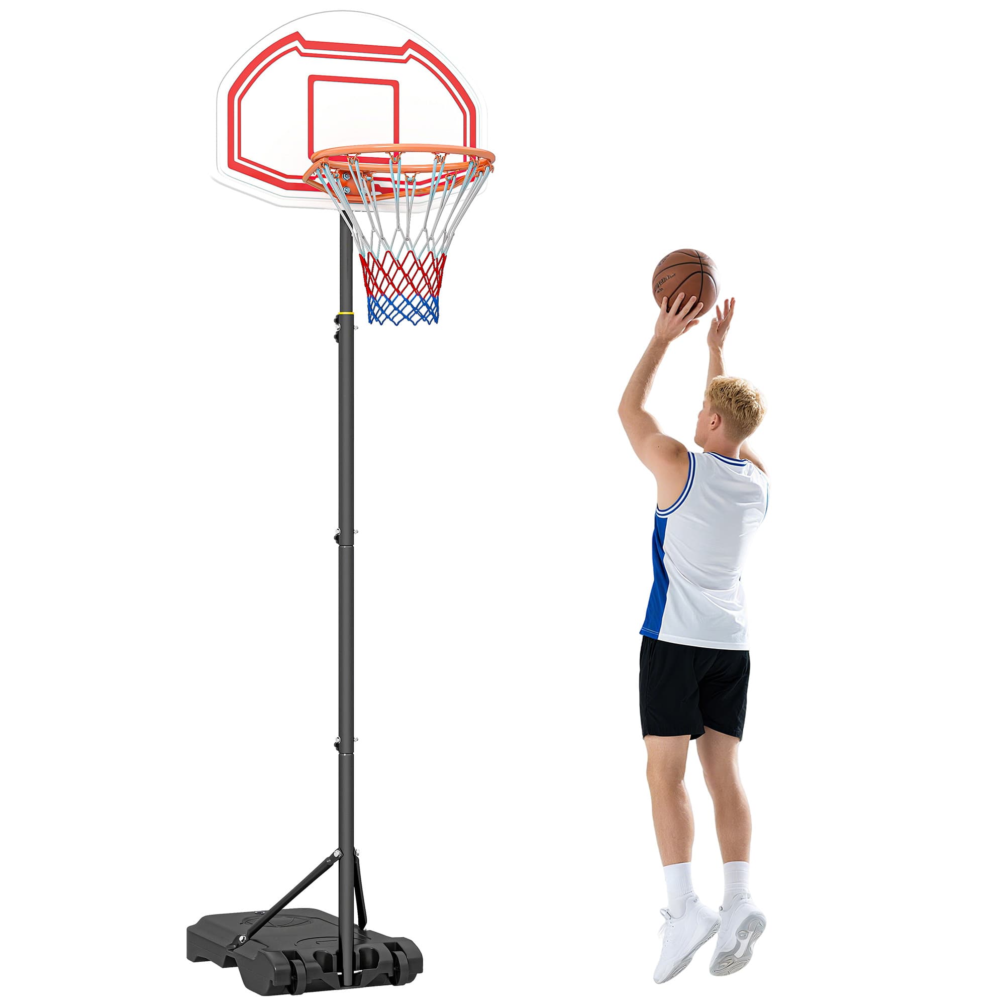 HOMCOM Panier de basket-ball sur pied avec poteau panneau, base de lestage sur roulettes hauteur réglable 2,45-2,95 m noir blanc et rouge-AOSOM.fr