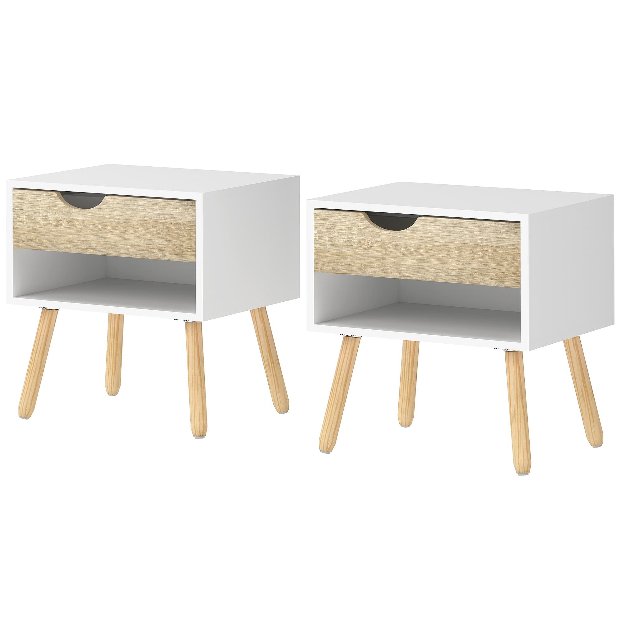 HOMCOM Set of 2 Bedside Tables with Drawer and Shelf, Modern Nightstand, End Table for Bedroom, Living Room