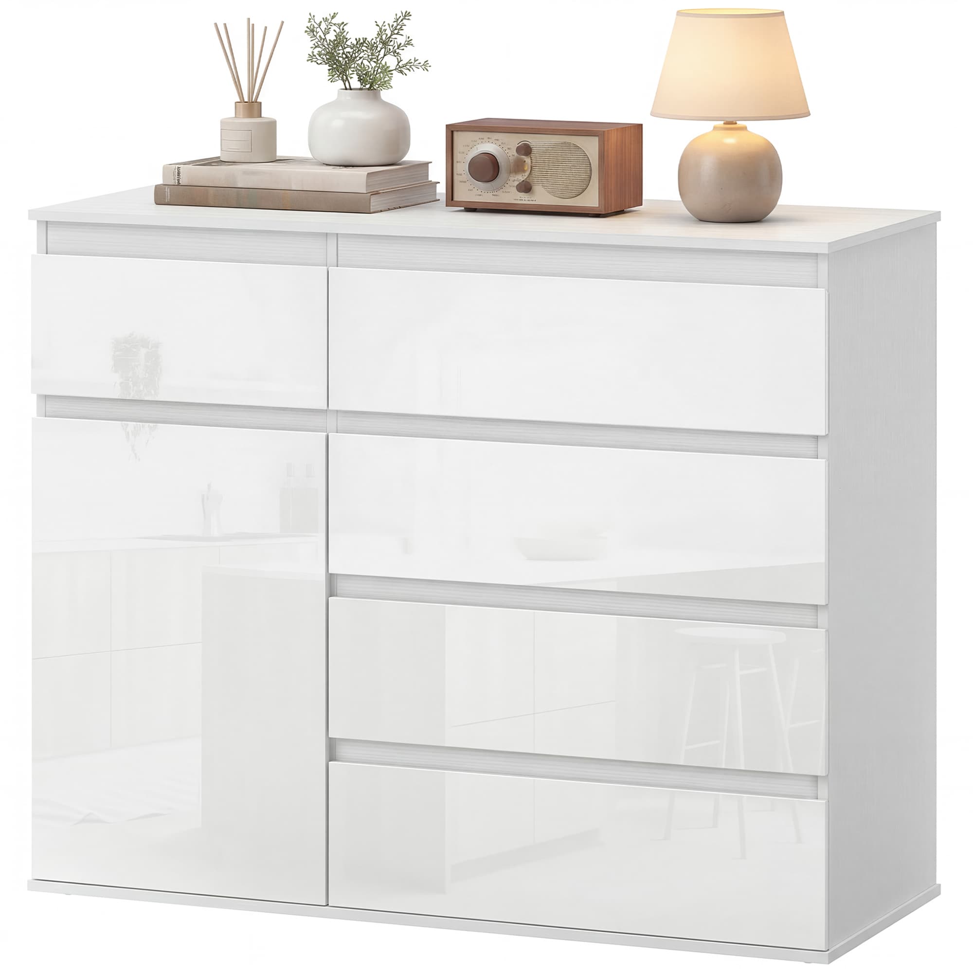 HOMCOM Buffet de salon 5 tiroirs étagères réglables porte à fermeture douce 100x40x80 cm blanc brillant