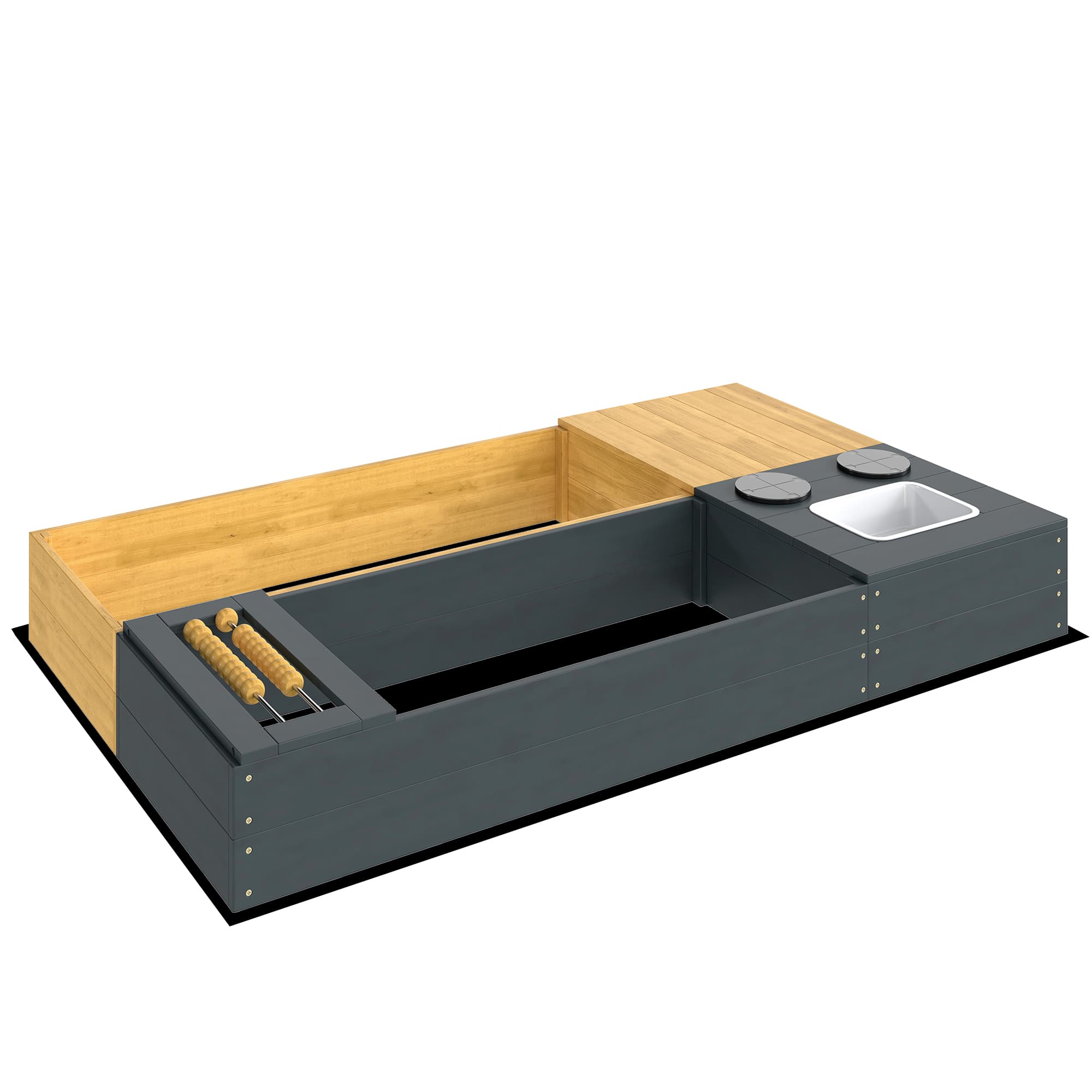 AIYAPLAY Bac à sable 2 pièces 150x90cm bac en bois avec banc rangement cuisinière évier amovible perles d'abaque jaune