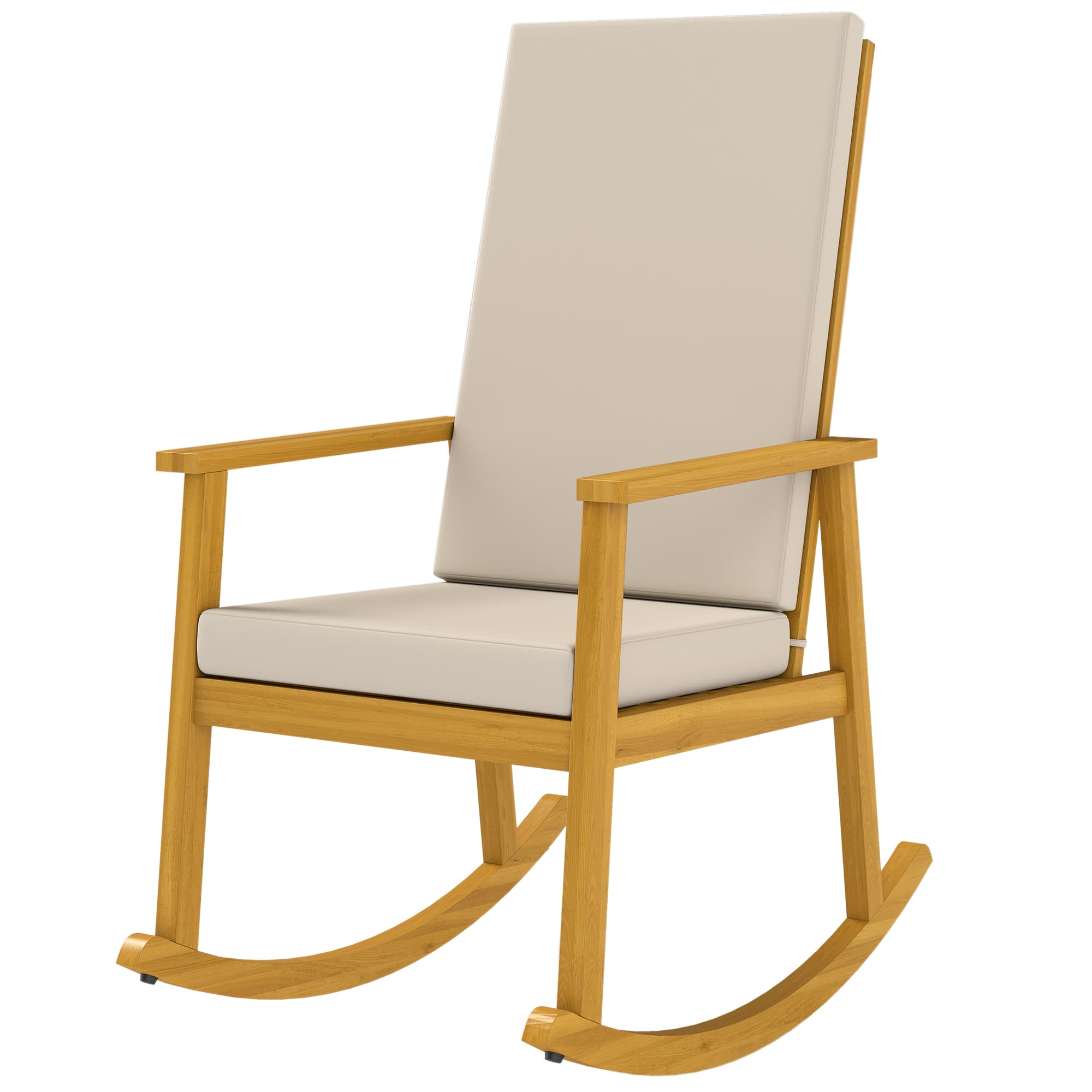 Outsunny Fauteuil à bascule en bois d'acacia, fauteuil à dossier haut avec coussin jusqu'à 160 kg 60 x 89 x 107 cm Beige