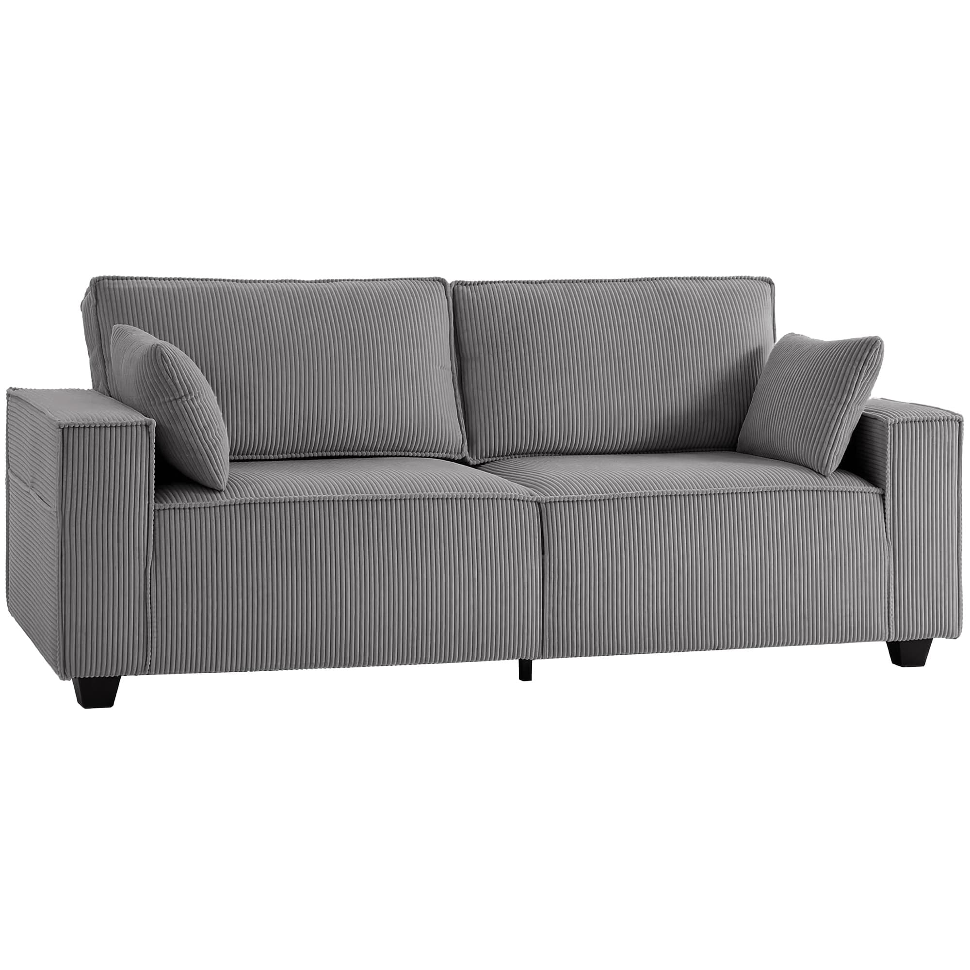 HOMCOM Canapé 3 places 218 cm, canapé moderne en velours côtelé avec rembourrage à ressorts ensachés, accoudoirs larges et 2 coussins, gris clair
