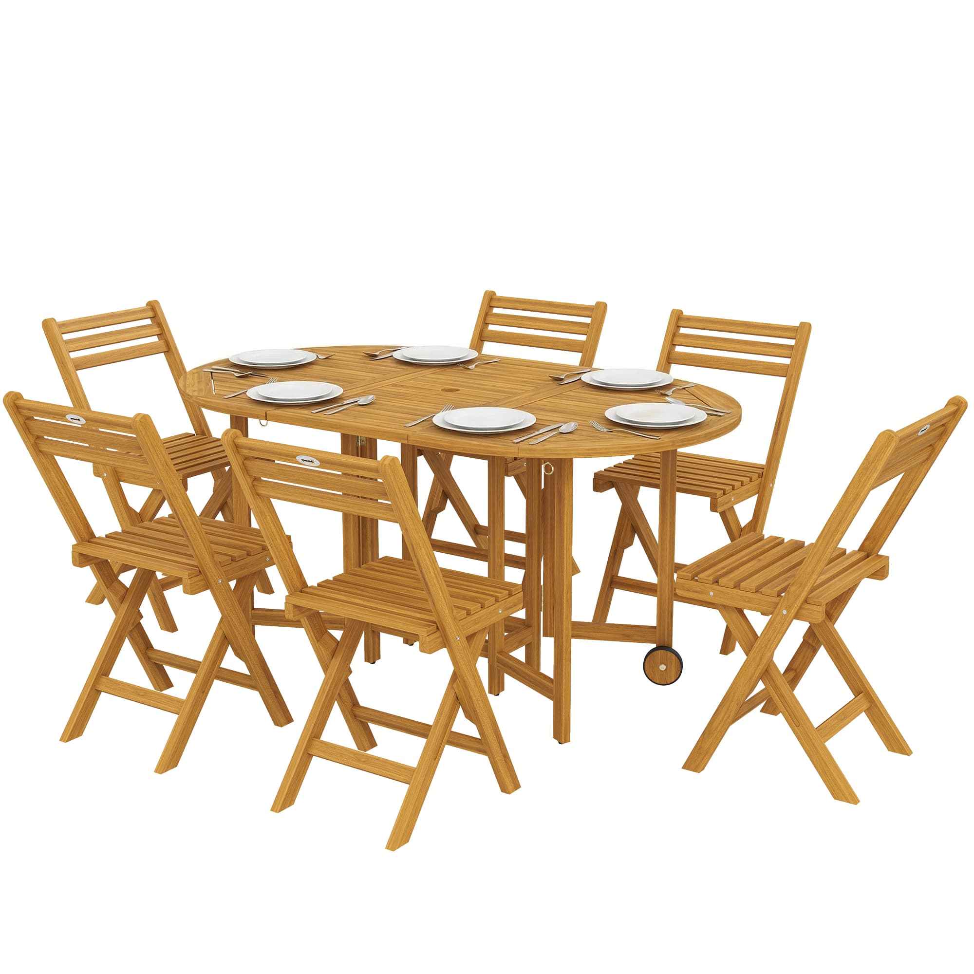 Outsunny Ensemble de jardin en bois certifié FSC 7 pièces Table extensible avec 6 chaises pliantes Trou pour parasol Design à lattes
