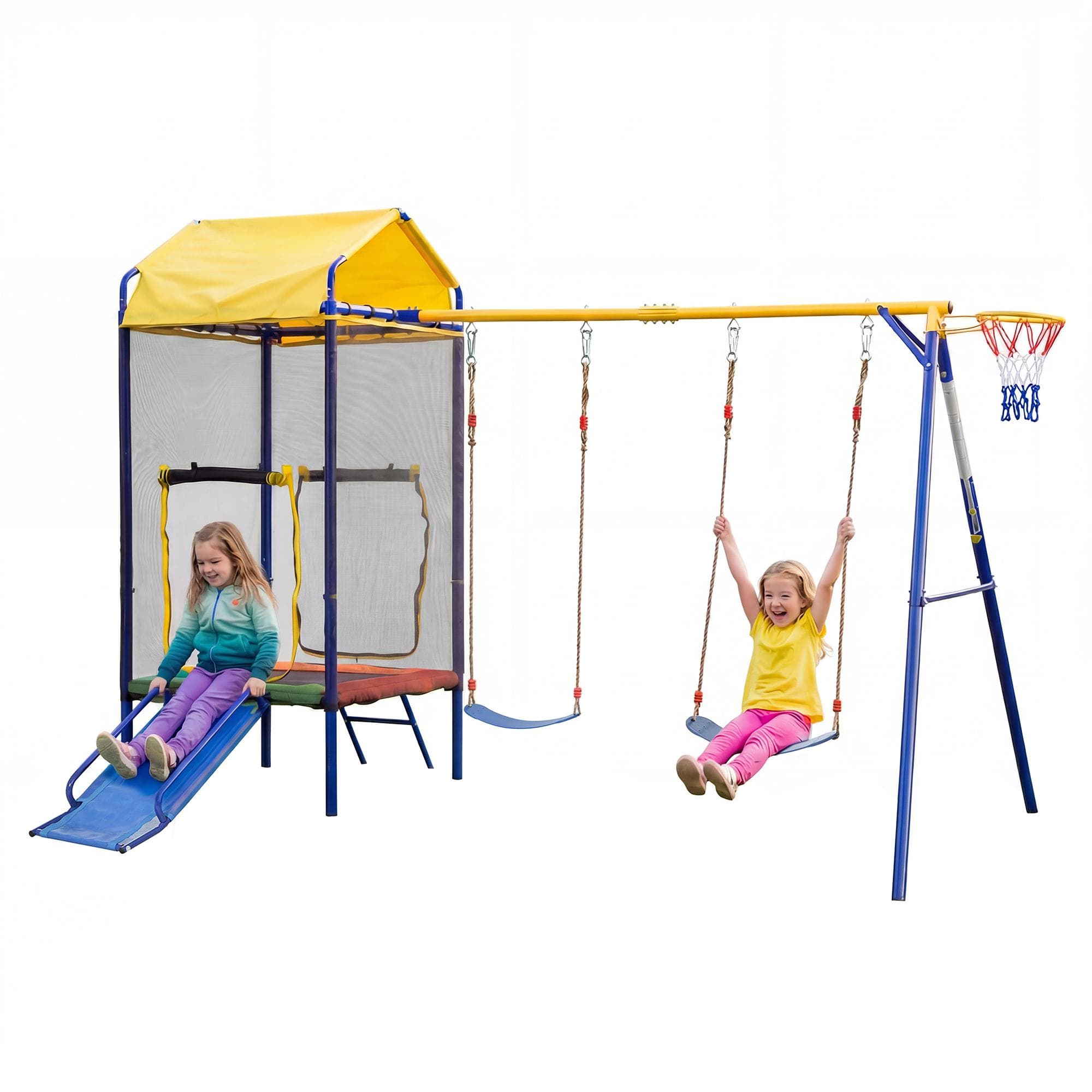 Jeu d'extérieur multifonctionnel 4 en 1 pour enfants, trampoline avec filet de sécurité, pour 3–8 ans, 336x217x238 cm, Multicolore