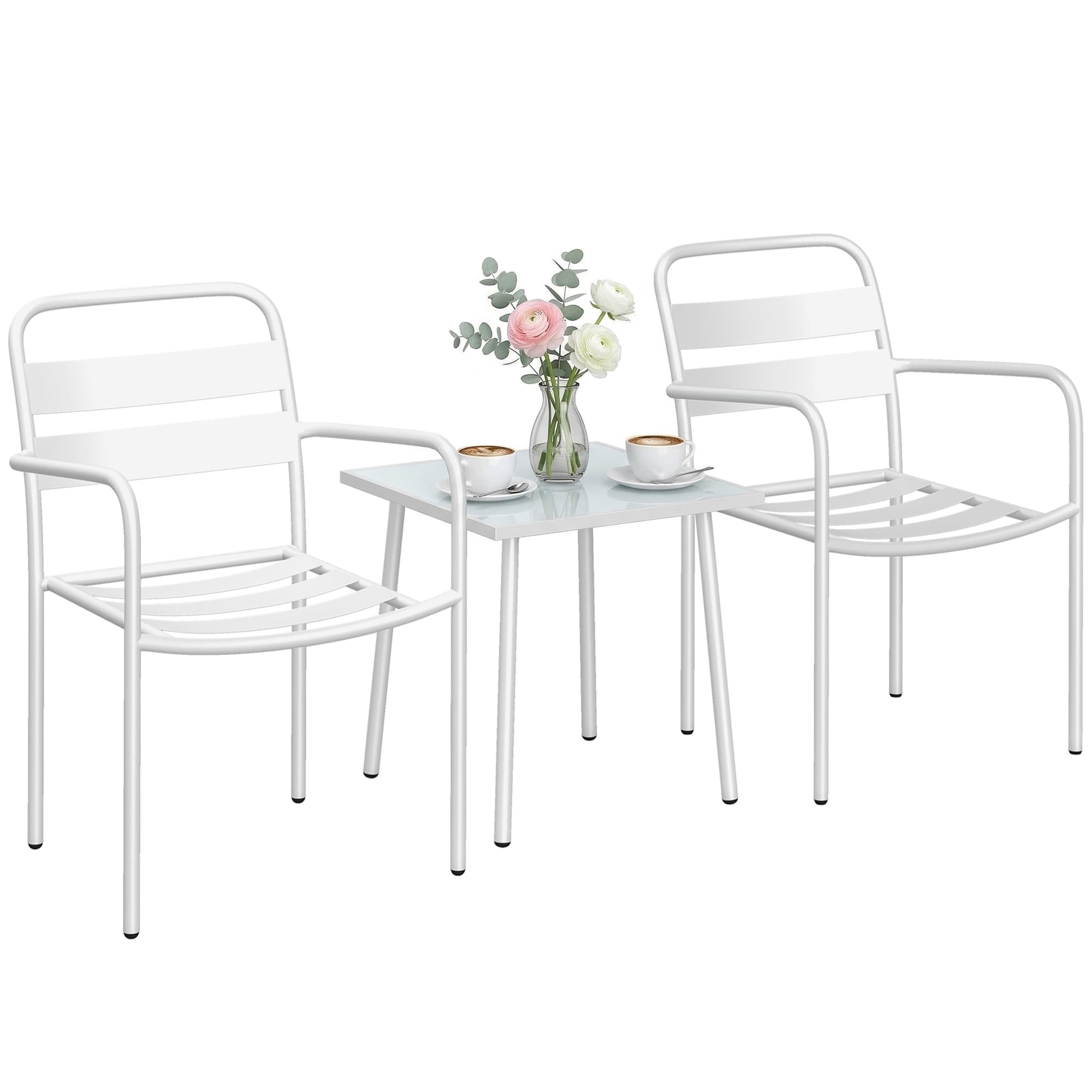Outsunny Ensemble bistrot 3 pièces en métal avec 2 chaises de jardin, table en verre, design à lattes, résistant à la rouille