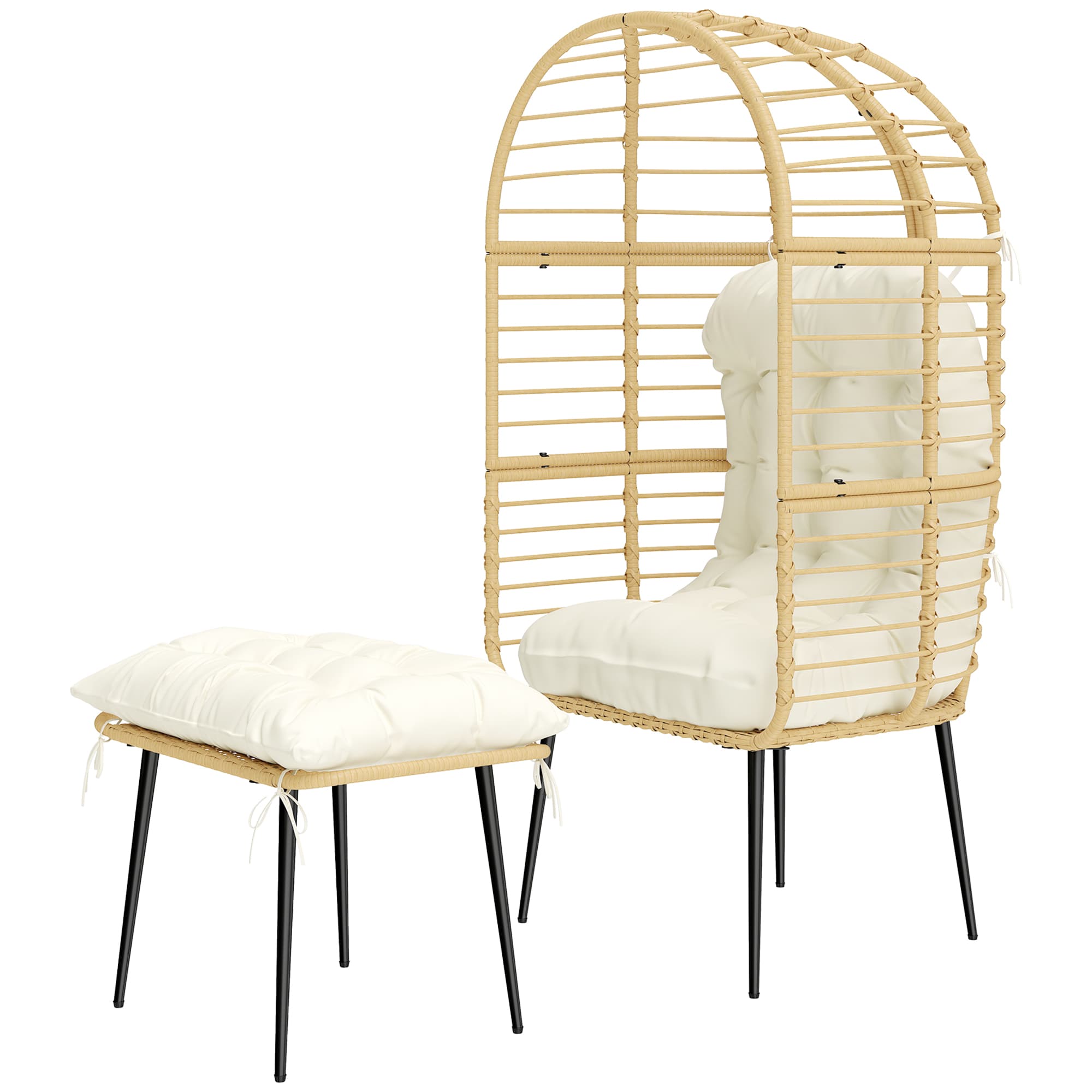Outsunny Fauteuil de jardin avec pouf PE Rattan forme œuf fauteuil en rotin avec longs & épais coussins cadre métal Beige